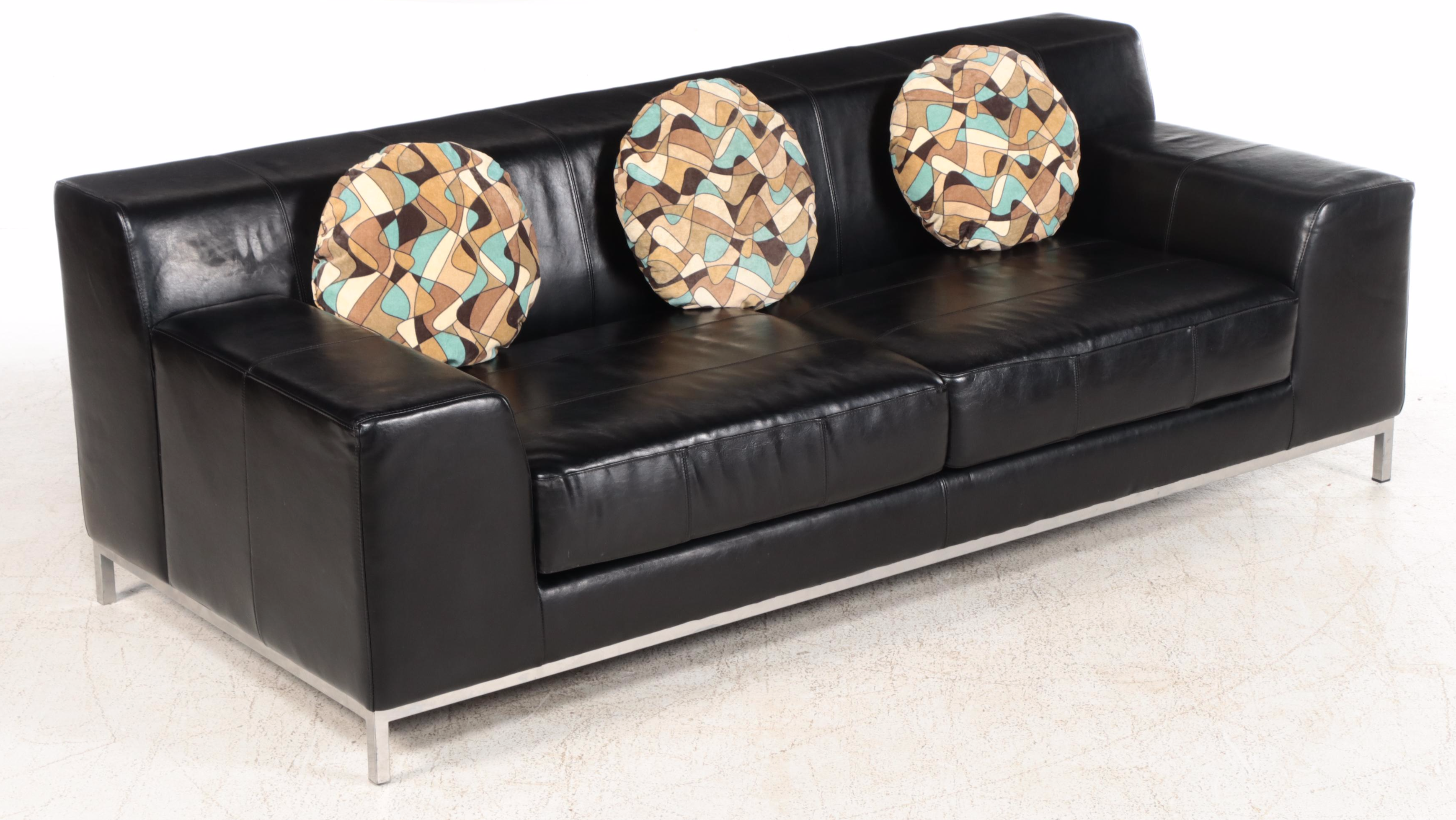 IKEA Silver Powder-Coated Metal and Black Leather Sofa