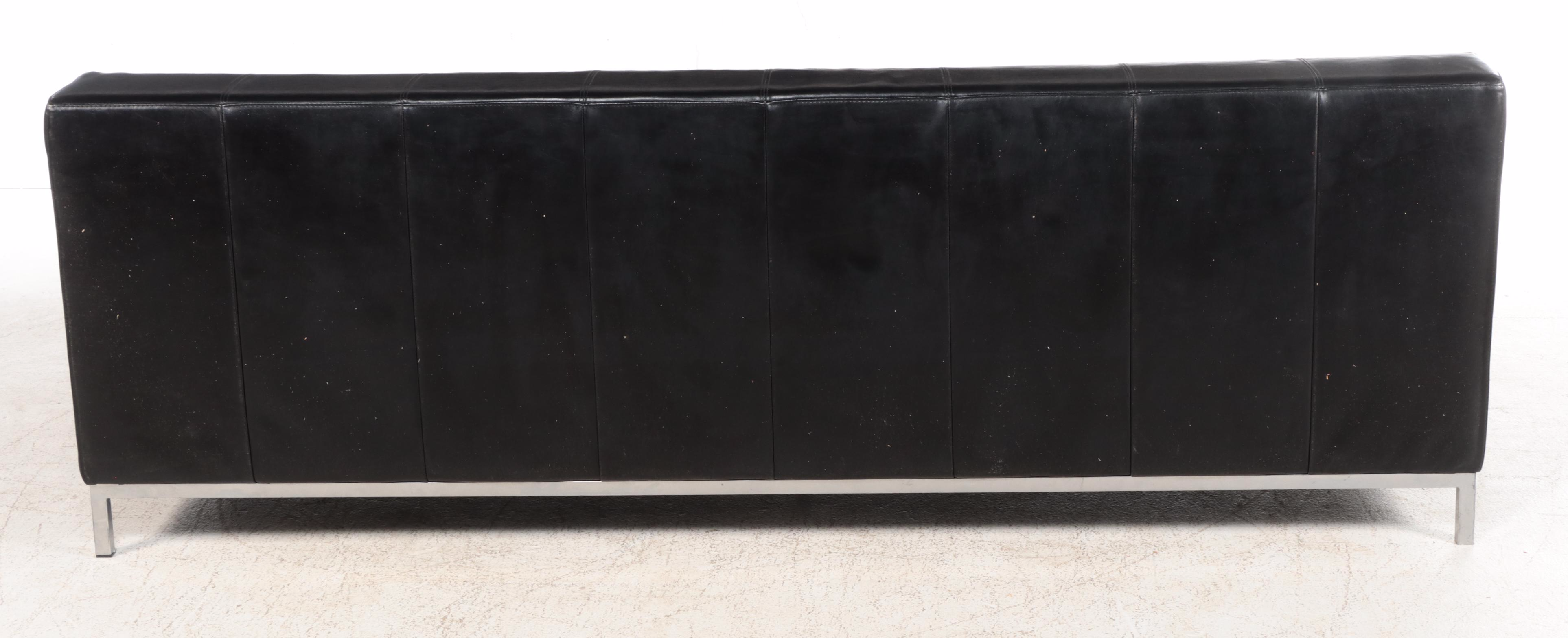 IKEA Silver Powder-Coated Metal and Black Leather Sofa