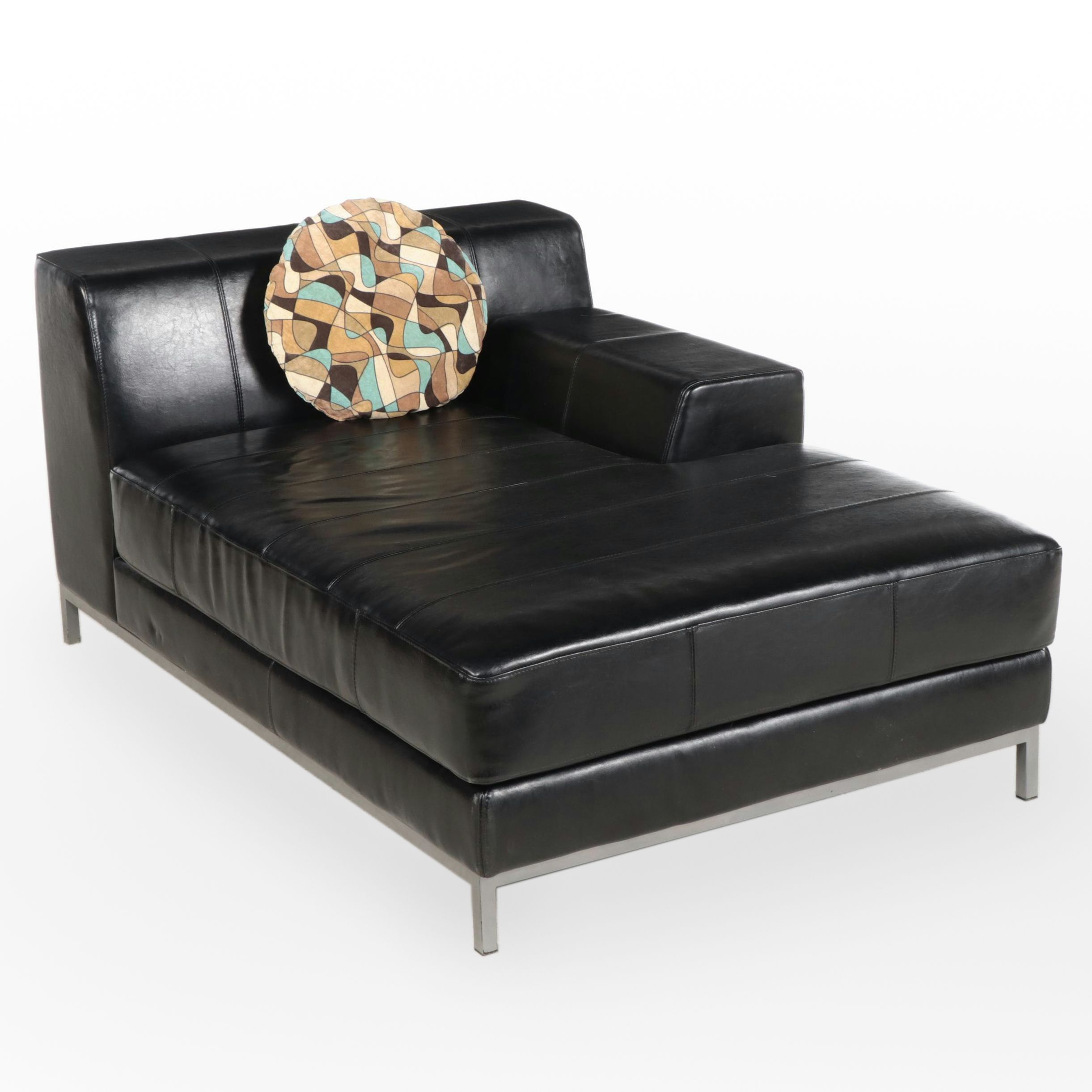 IKEA Silver Powder-Coated Metal and Black Leather Right-Arm-Facing Chaise Lounge