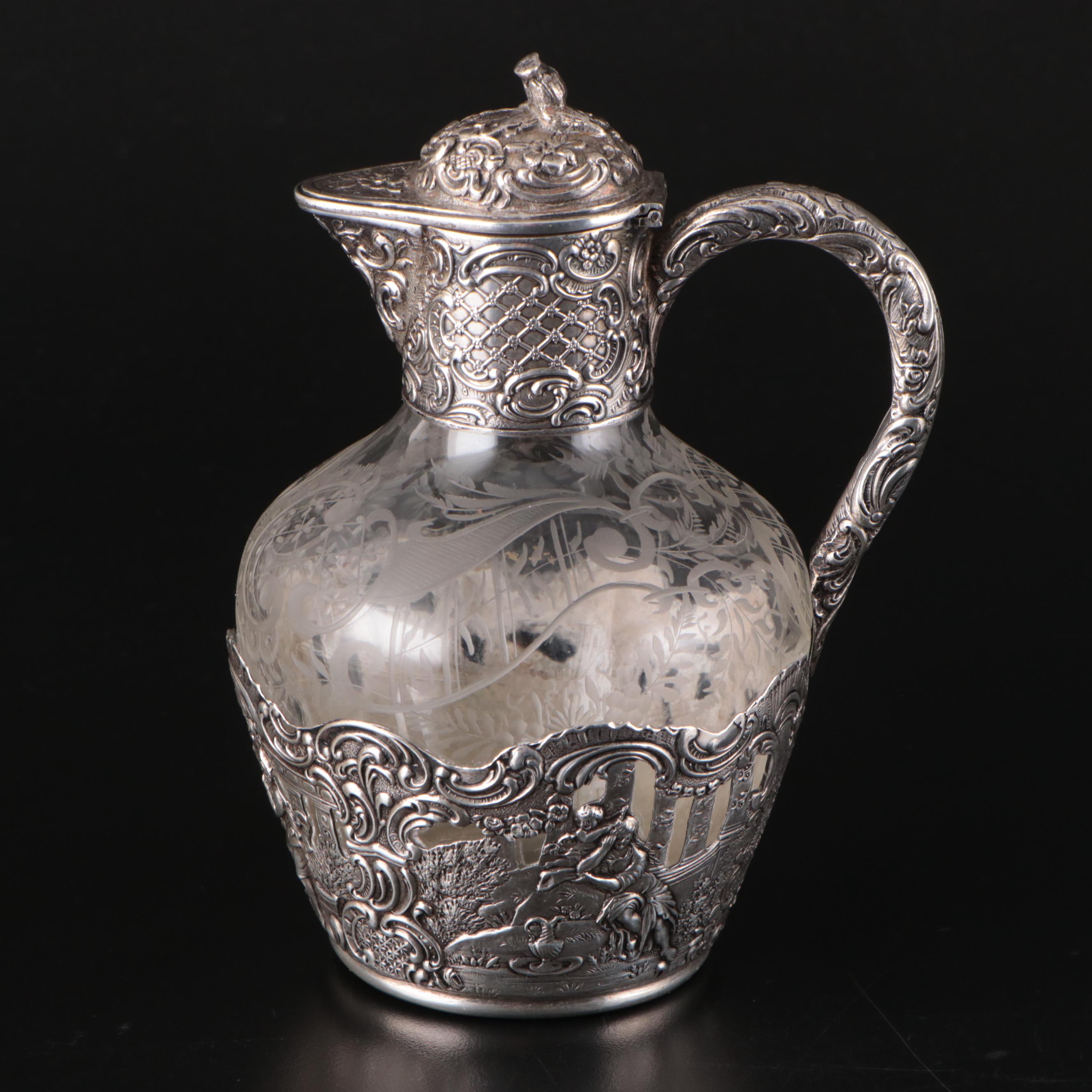 German Hanau 800 Silver and Wheel Etched Glass Claret Jug, 19th C.