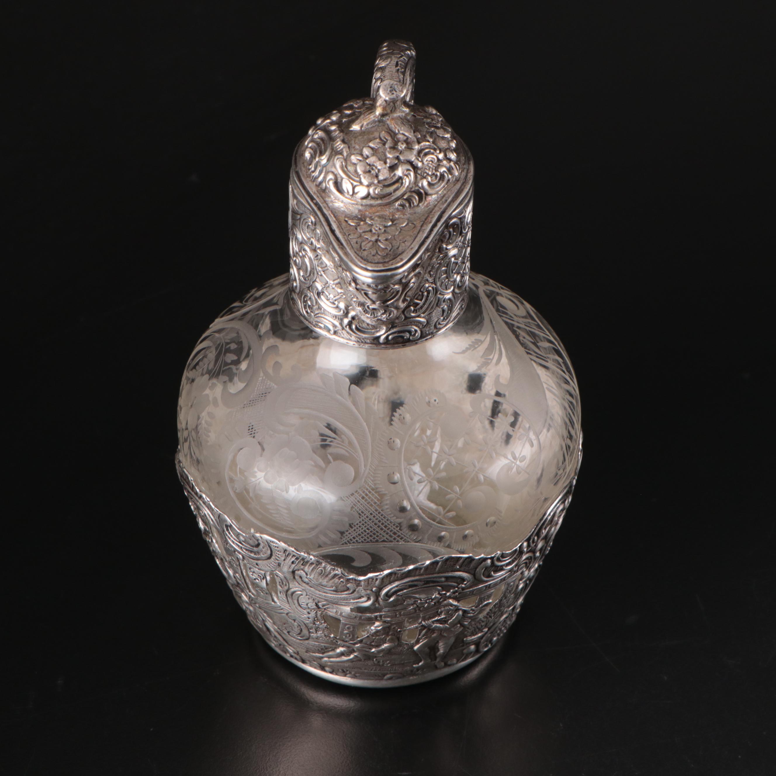 German Hanau 800 Silver and Wheel Etched Glass Claret Jug, 19th C.