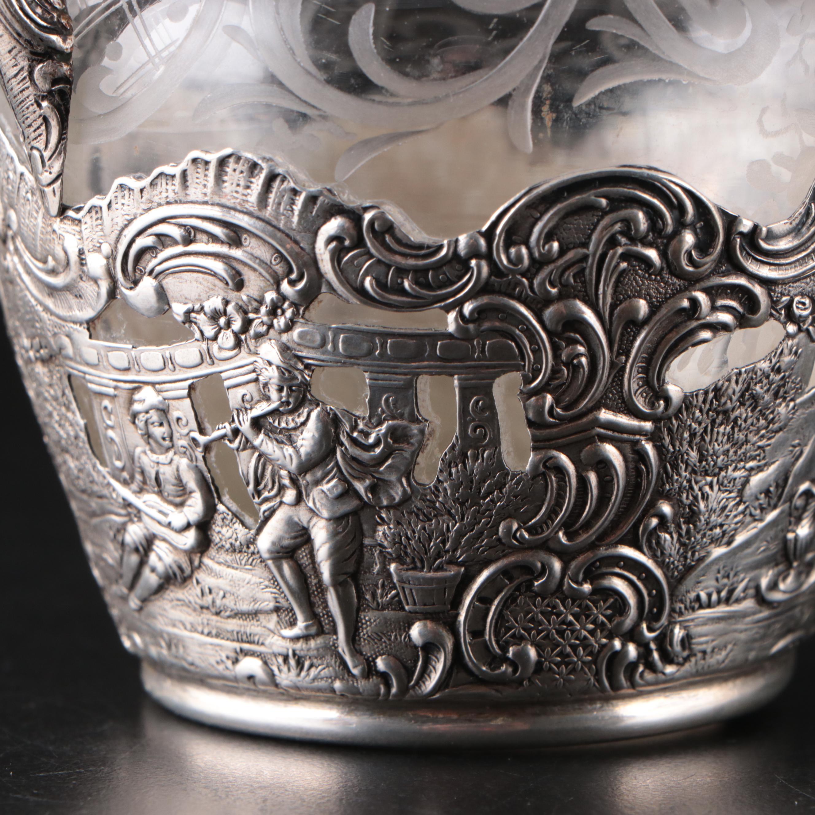 German Hanau 800 Silver and Wheel Etched Glass Claret Jug, 19th C.