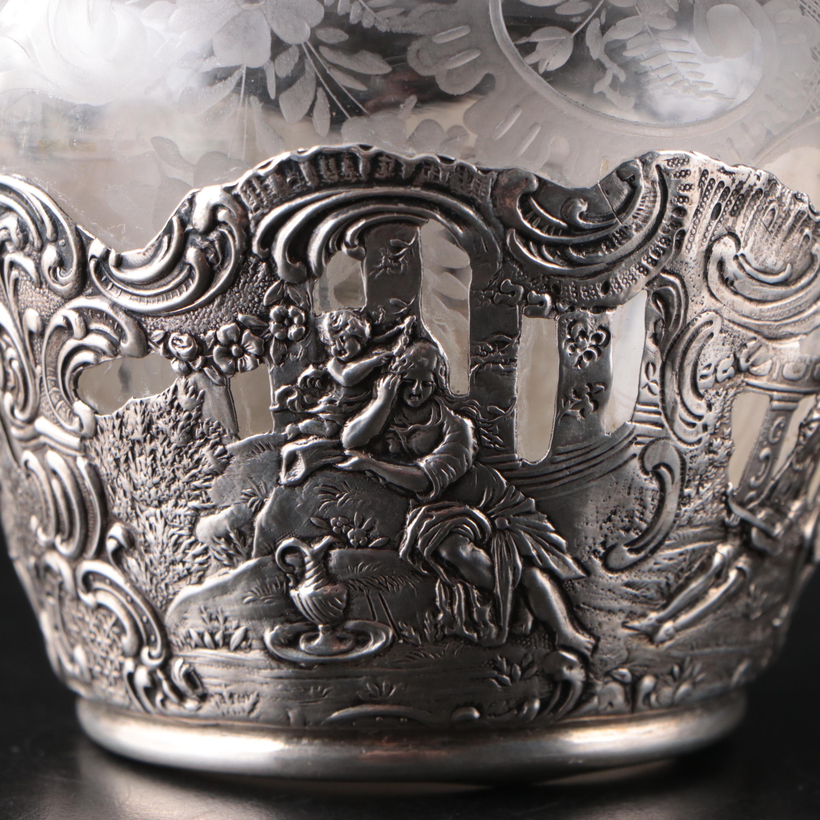 German Hanau 800 Silver and Wheel Etched Glass Claret Jug, 19th C.