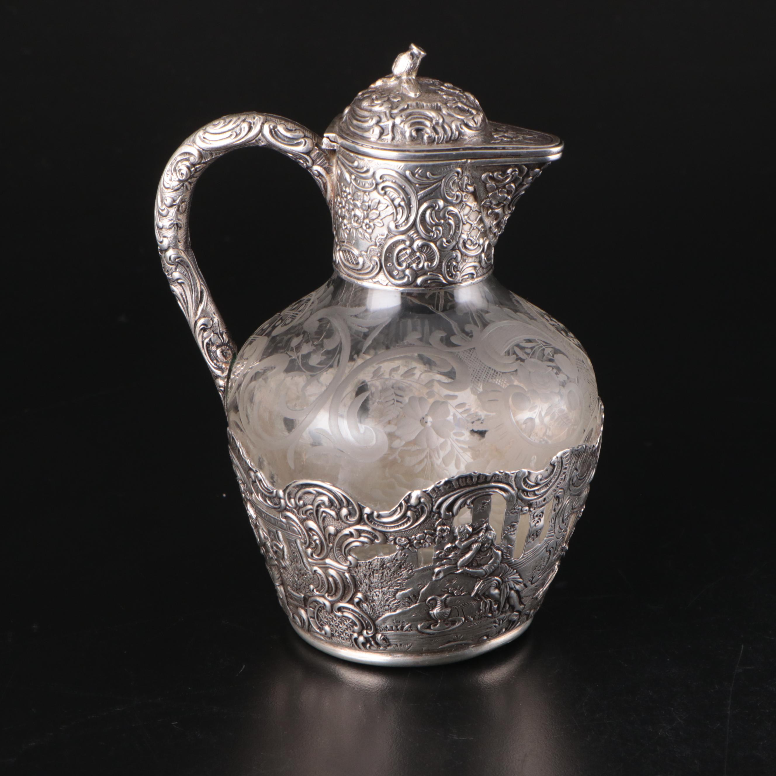 German Hanau 800 Silver and Wheel Etched Glass Claret Jug, 19th C.