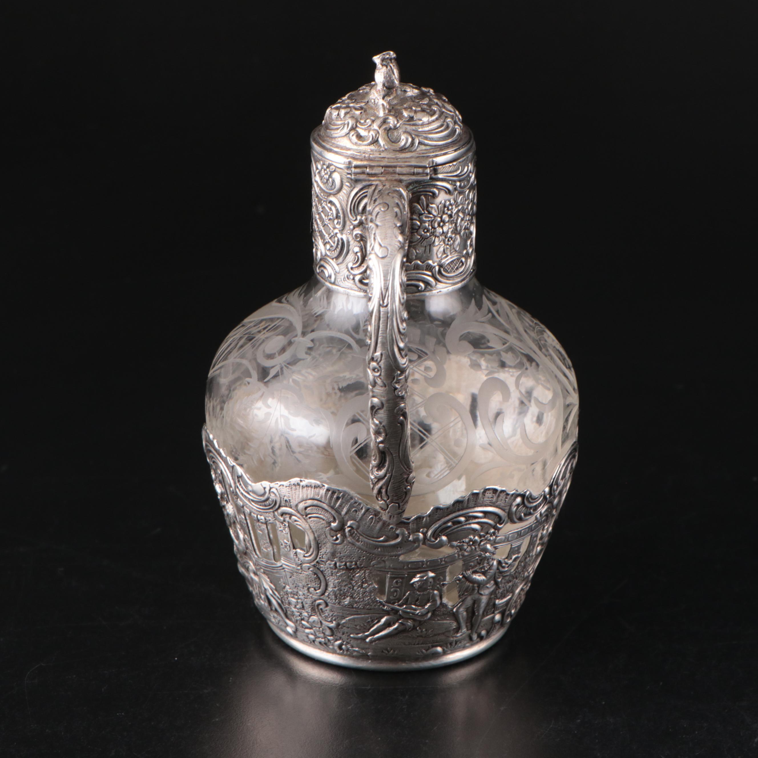 German Hanau 800 Silver and Wheel Etched Glass Claret Jug, 19th C.