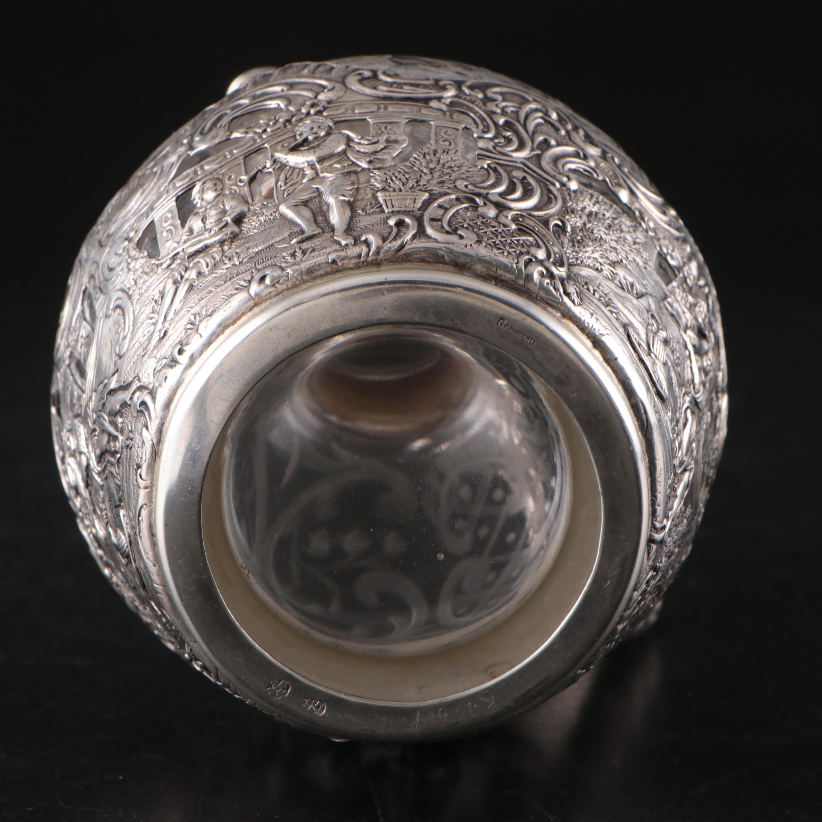 German Hanau 800 Silver and Wheel Etched Glass Claret Jug, 19th C.