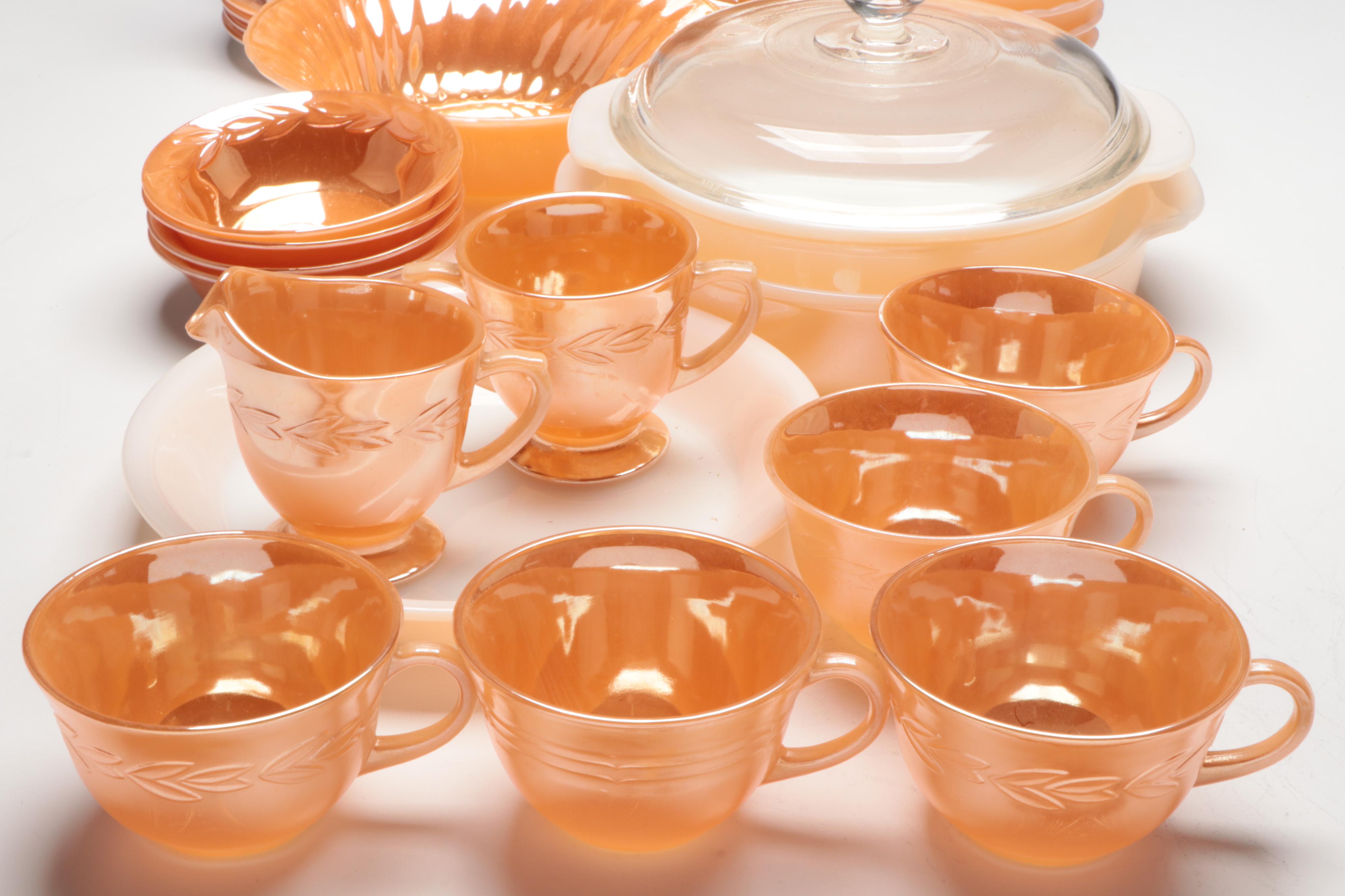 Anchor Hocking "Peach Lustre Laurel" Fire-King Glass Dinnerware with More Décor