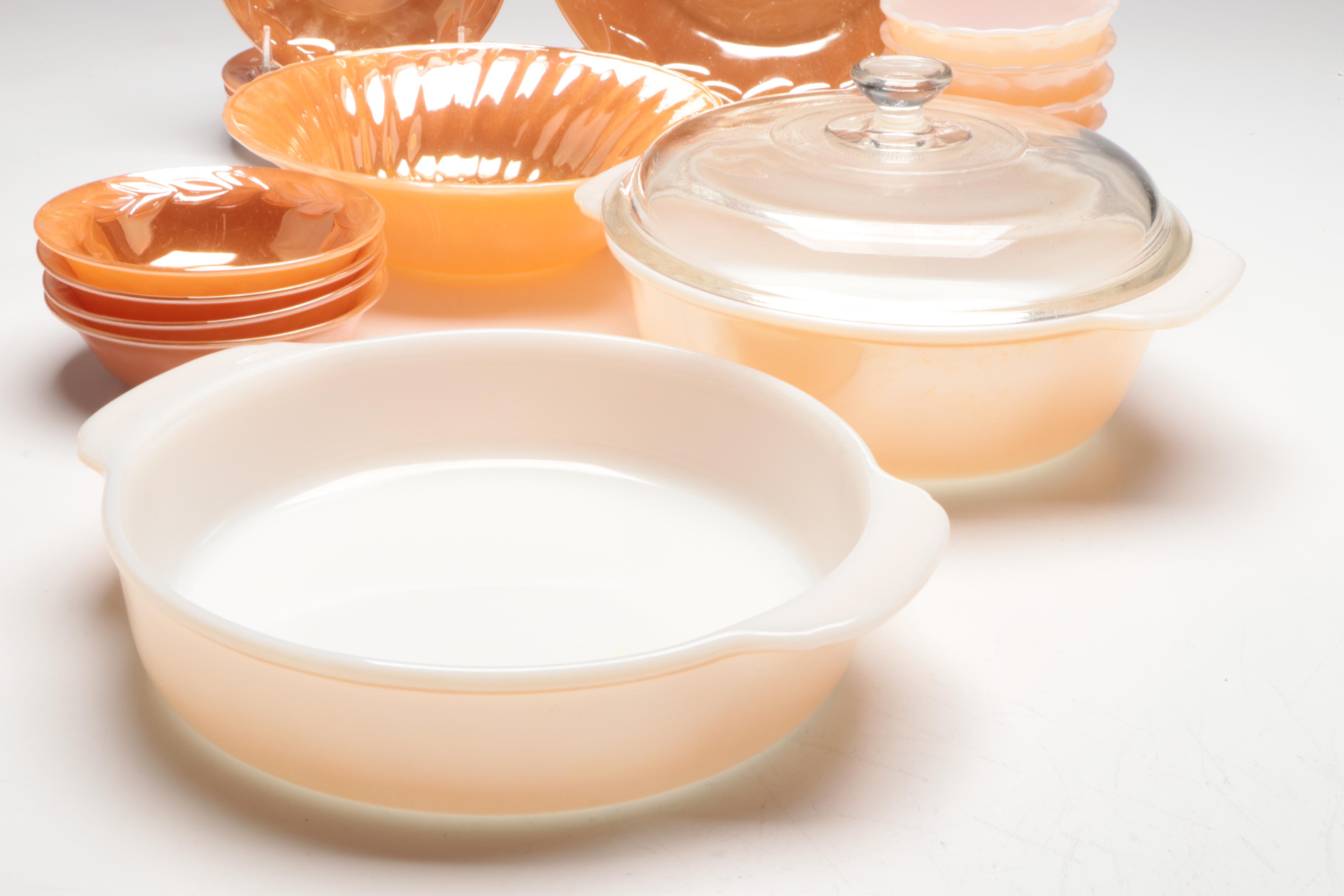 Anchor Hocking "Peach Lustre Laurel" Fire-King Glass Dinnerware with More Décor