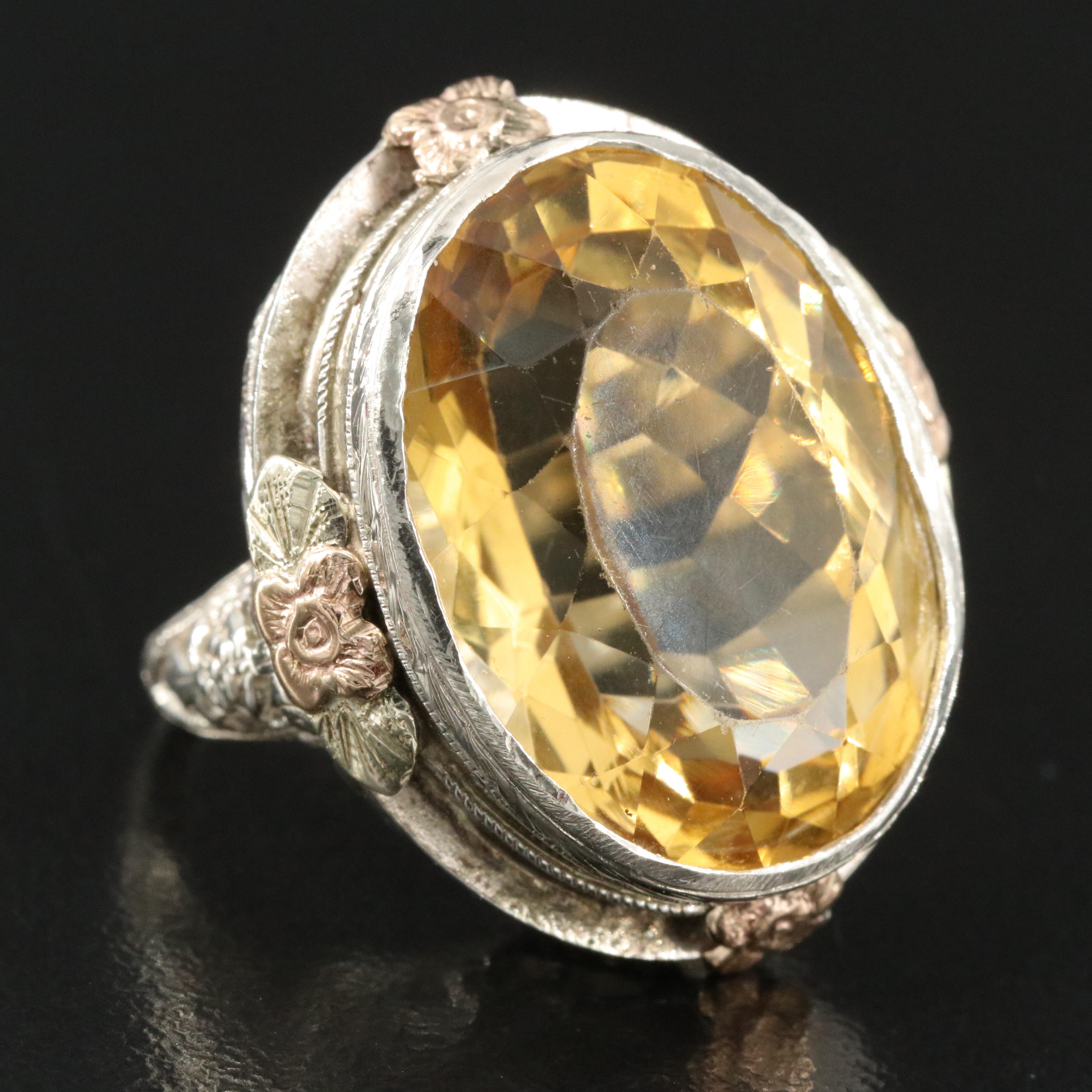 1930s 14K Tri-Color 18.11 CT Citrine Floral Ring