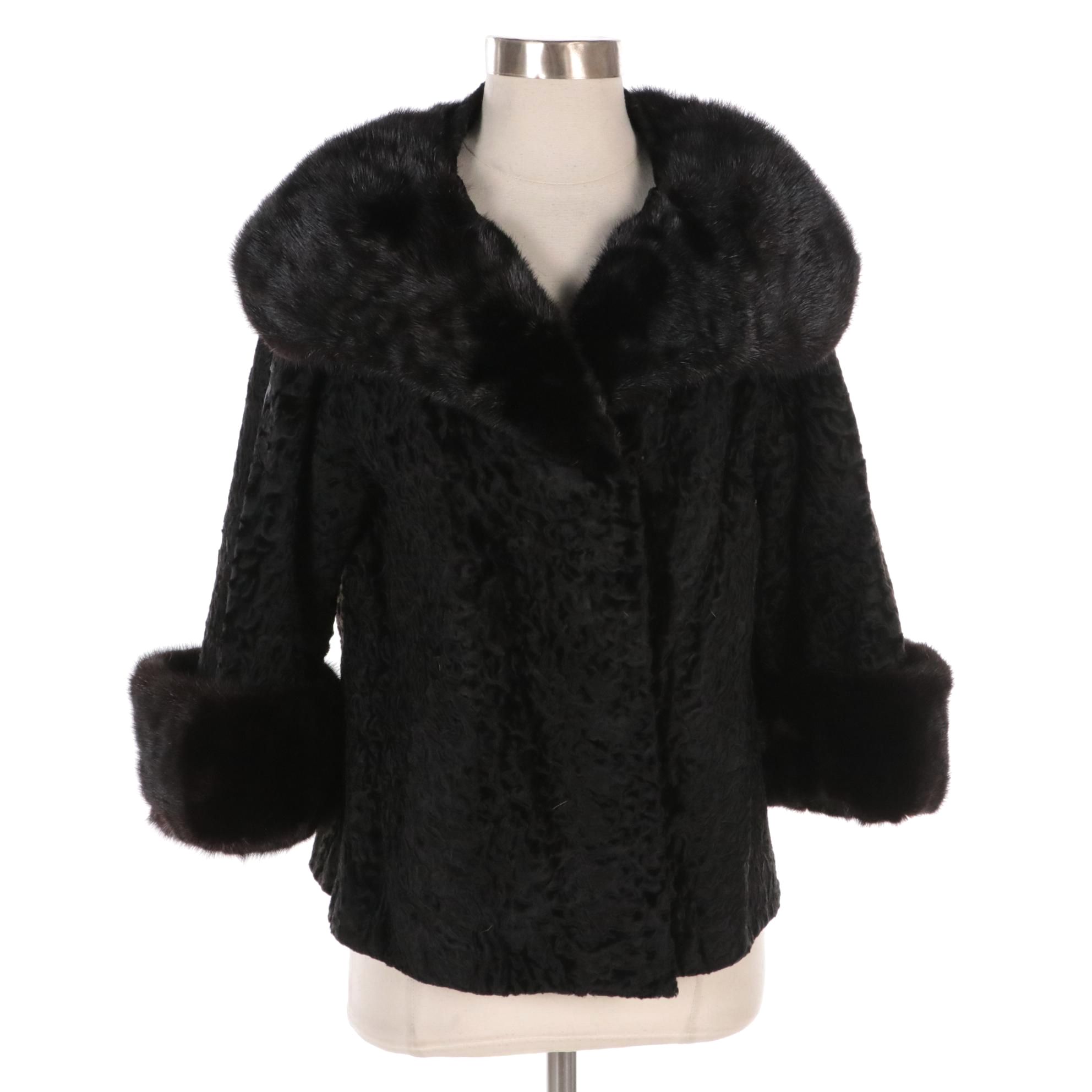 Broadtail Lamb Fur/Mink Fur Trim Three-Quarter Sleeve Swing Jacket, 1960s