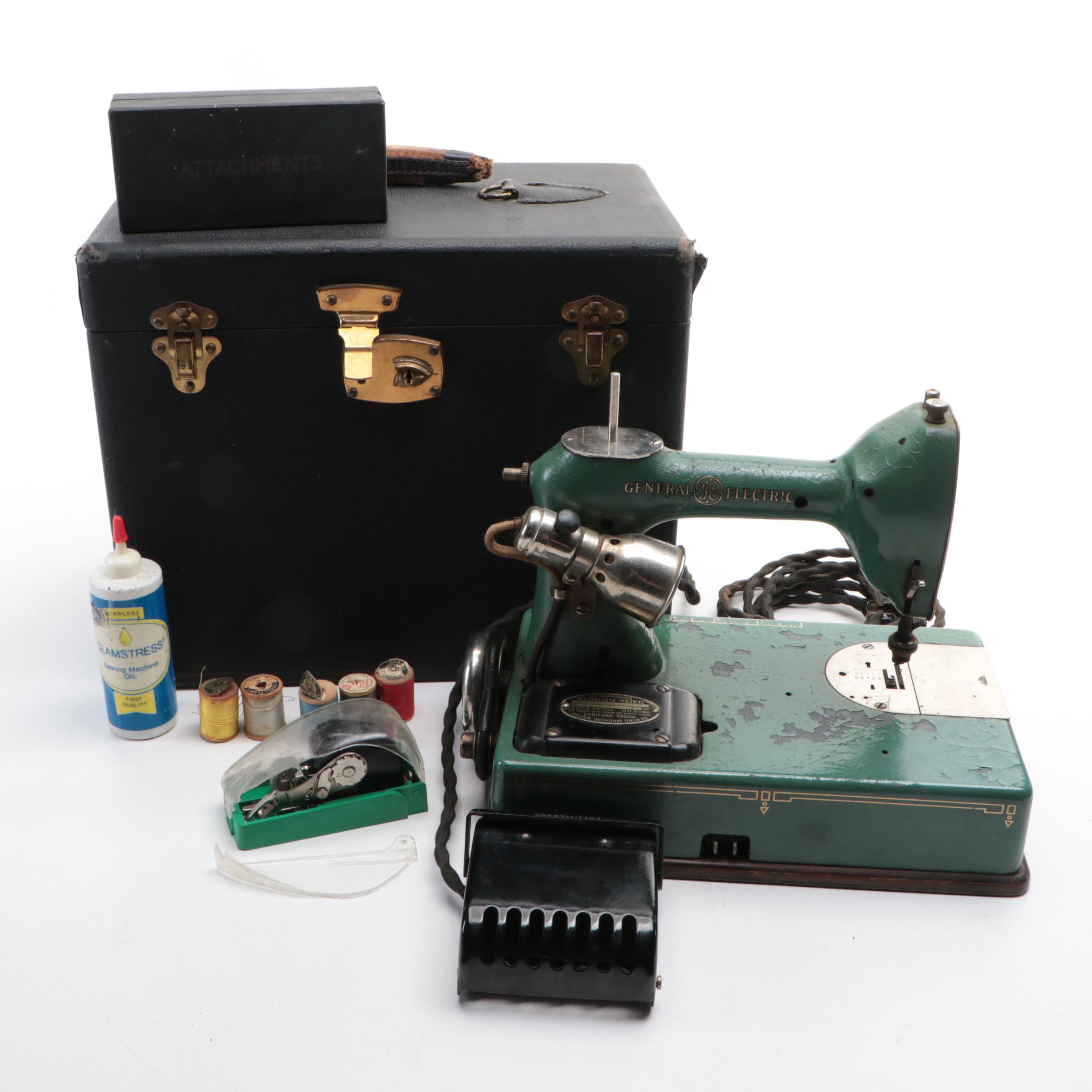 General Electric Model A Sewhandy Sewing Machine with Case and Accessories