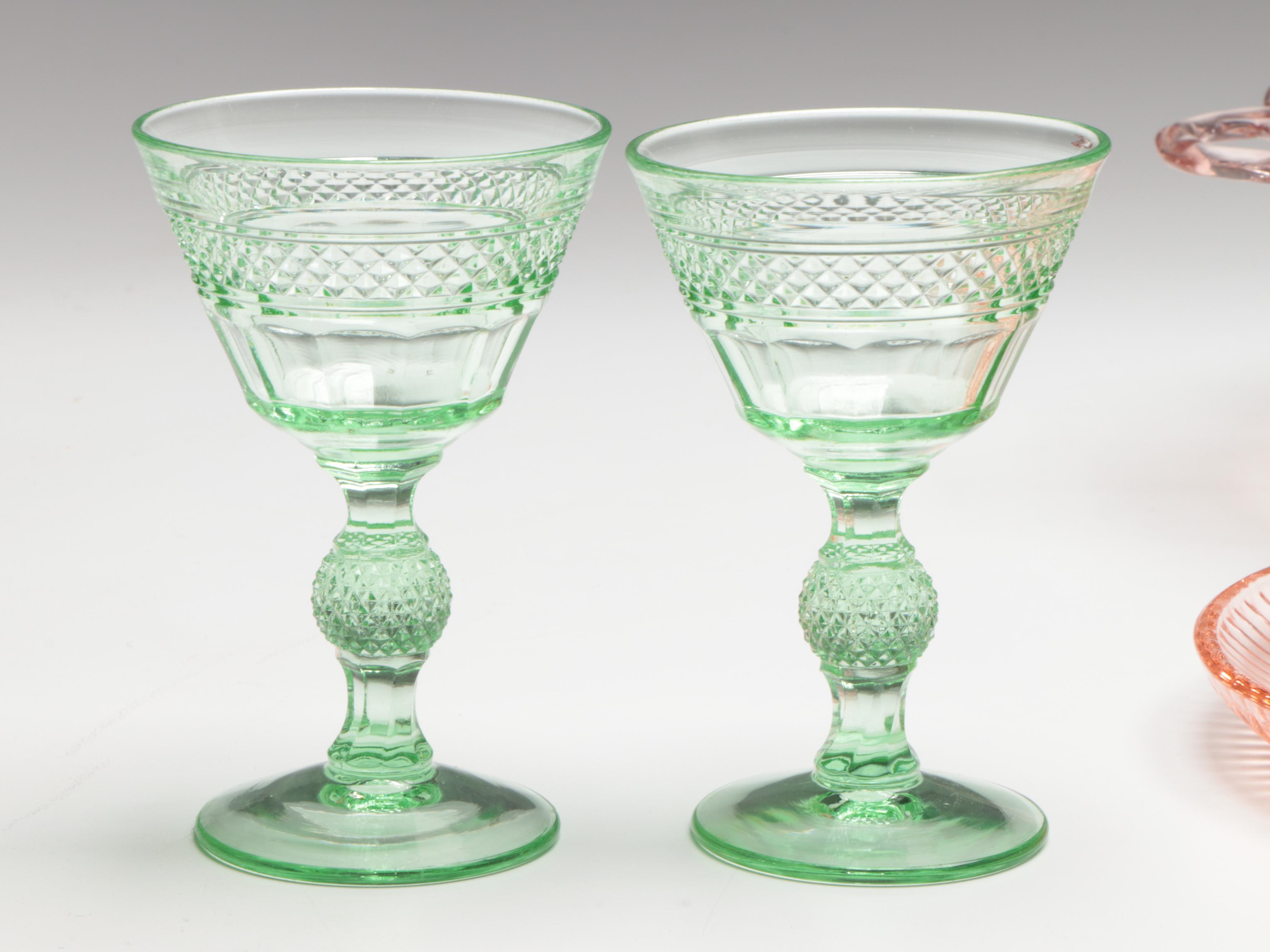 Anchor Hocking "Mayflower" Bowl with Other Pink and Green Glass Tableware
