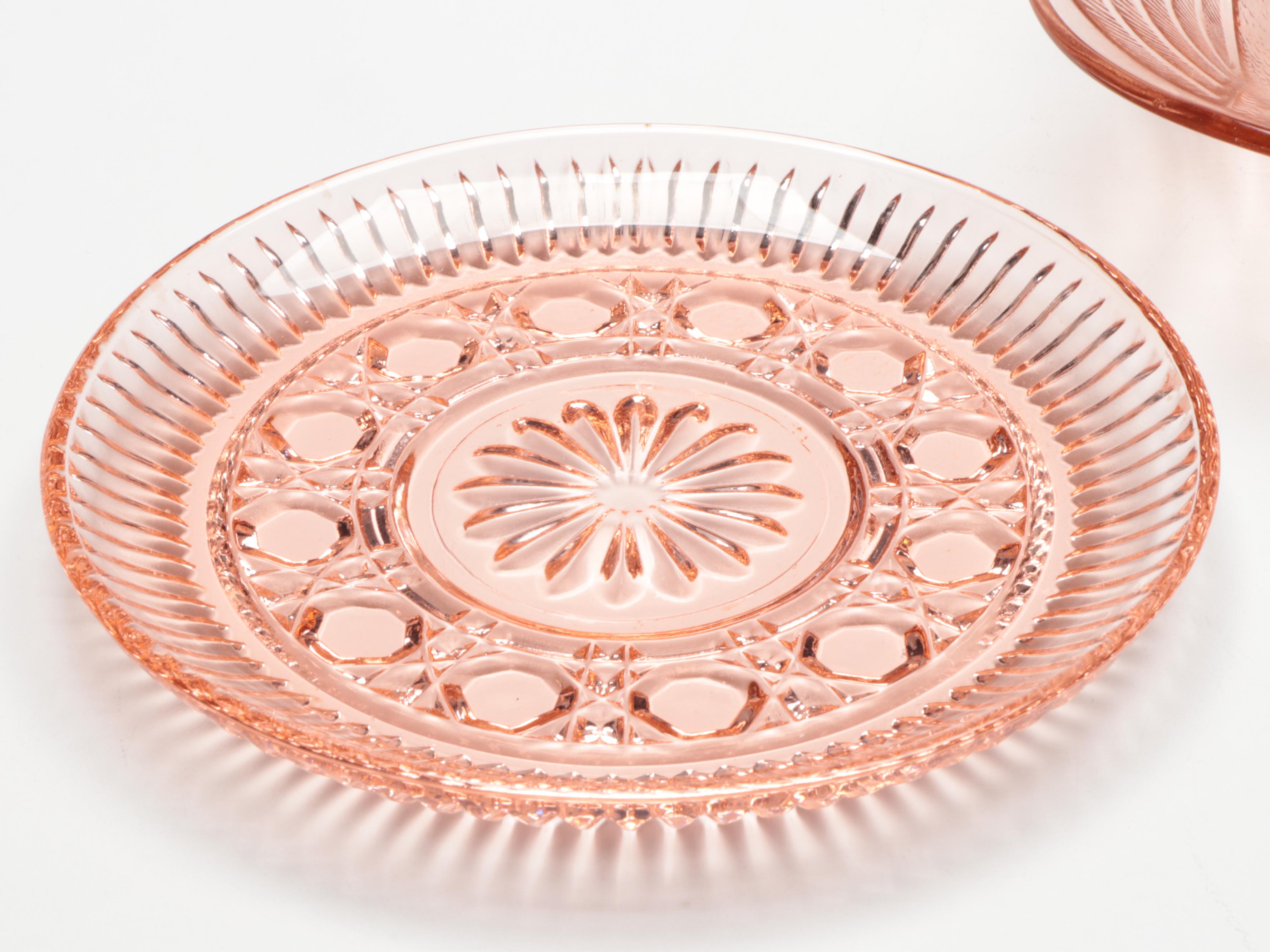 Anchor Hocking "Mayflower" Bowl with Other Pink and Green Glass Tableware