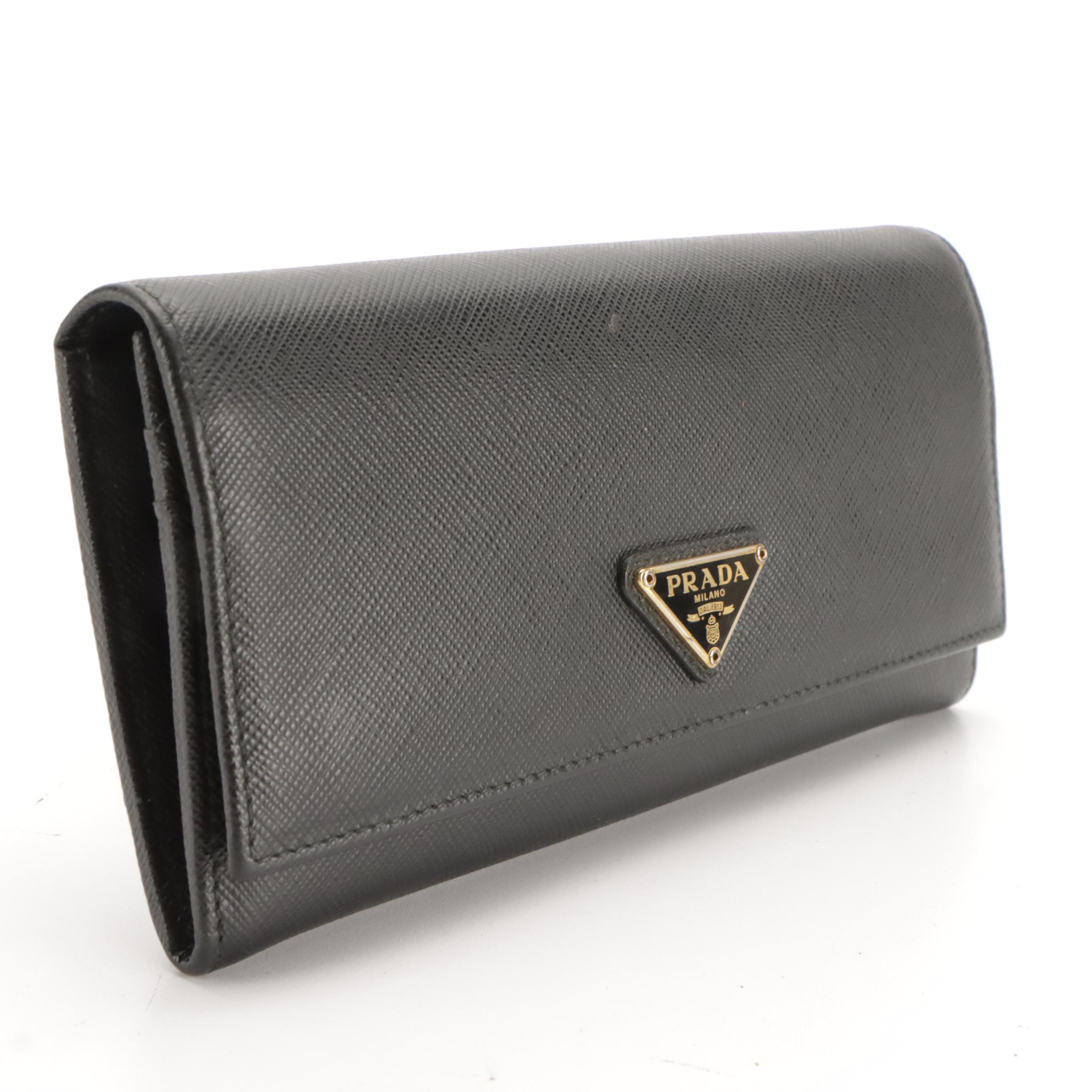Prada Double-Snap Long Continental Wallet in Black Saffiano Leather