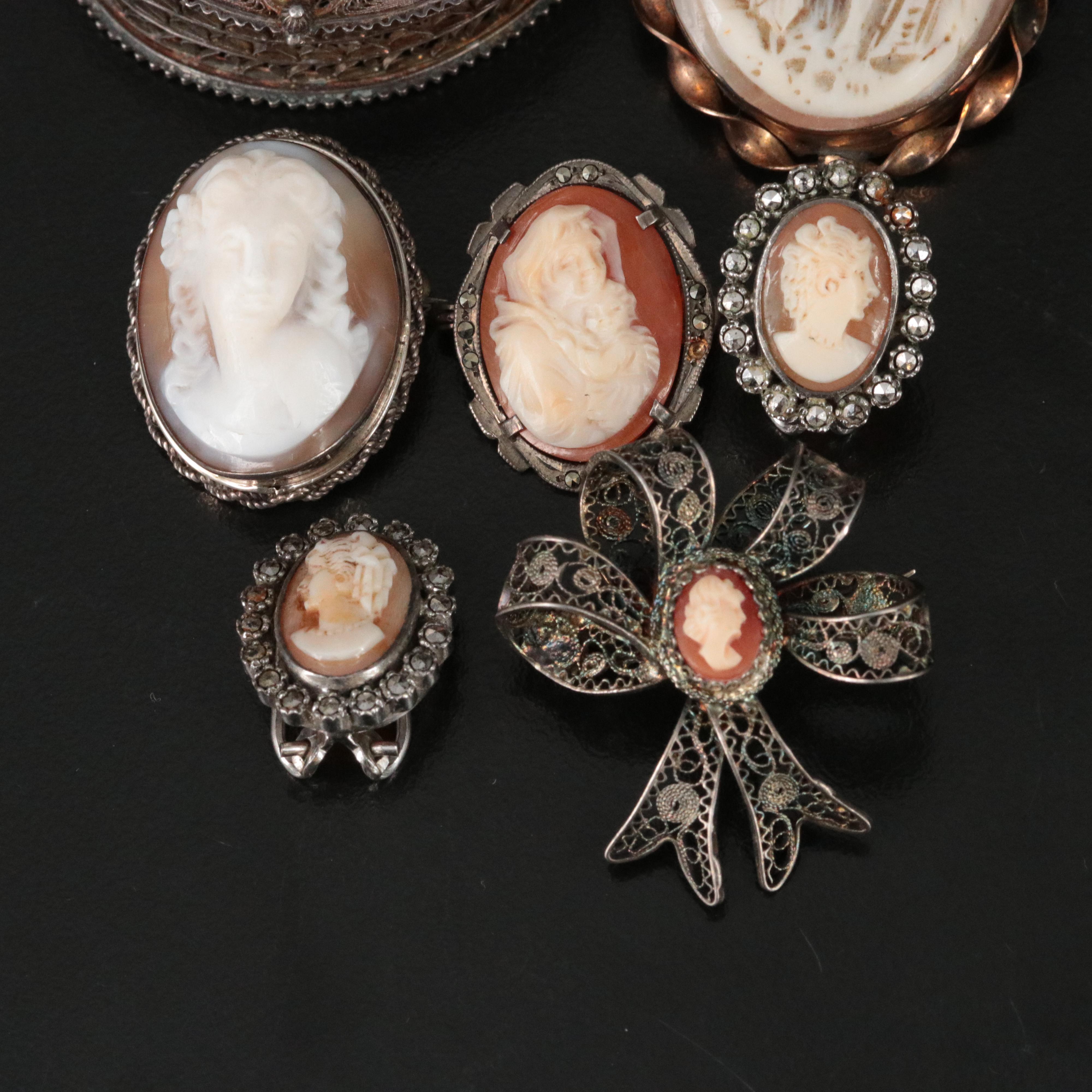 Vintage and Antique Shell Cameo Jewelry Including Sterling and 800 Silver