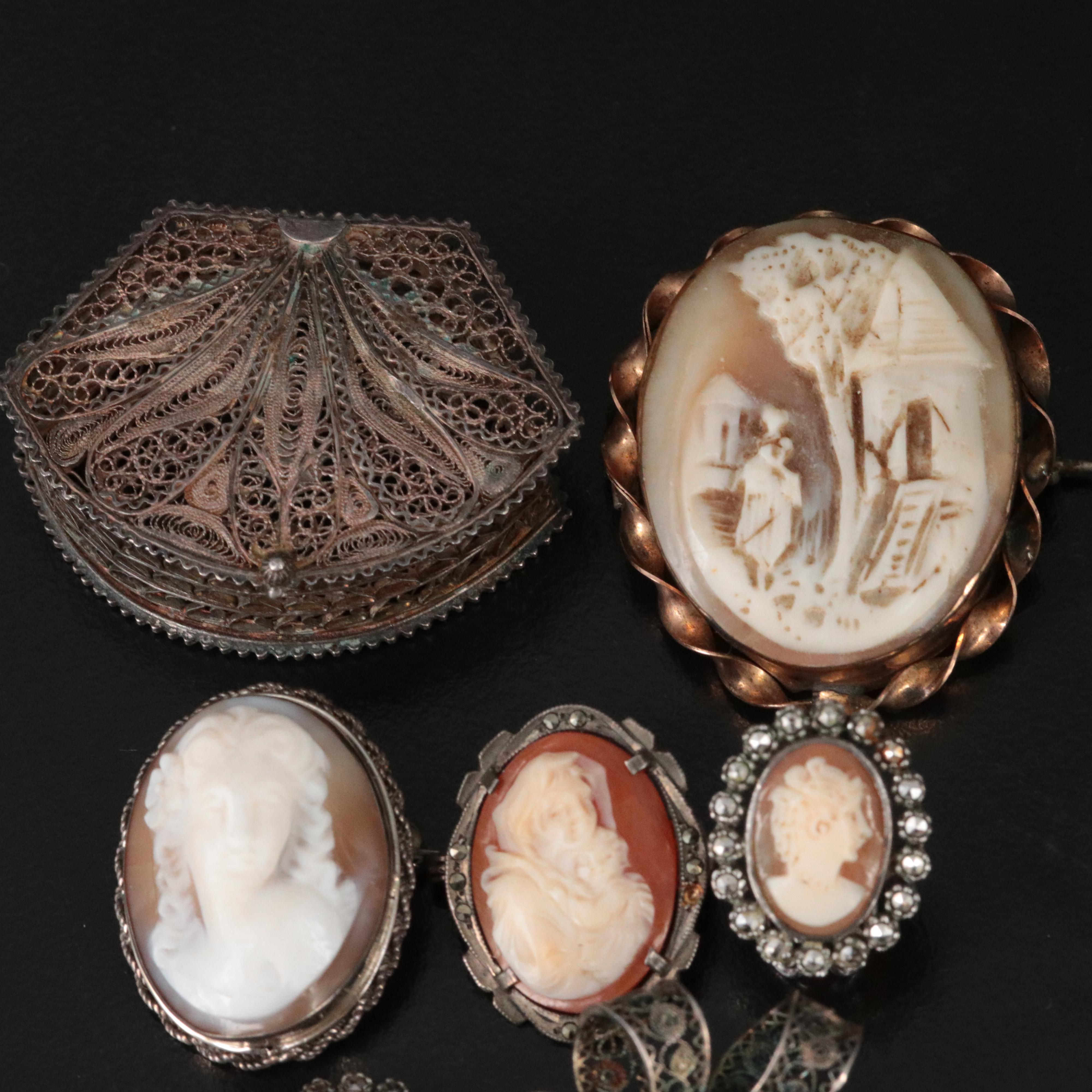 Vintage and Antique Shell Cameo Jewelry Including Sterling and 800 Silver