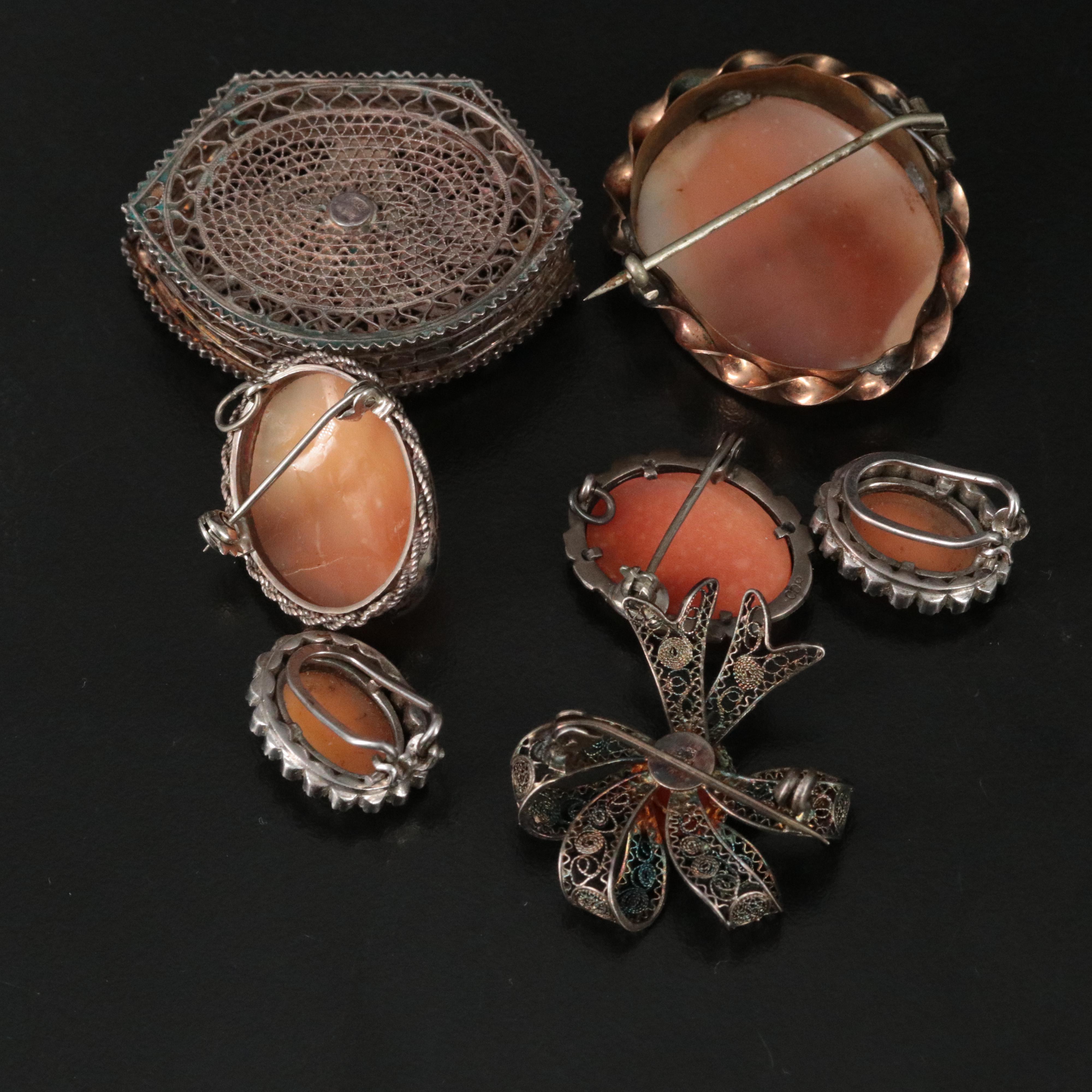 Vintage and Antique Shell Cameo Jewelry Including Sterling and 800 Silver