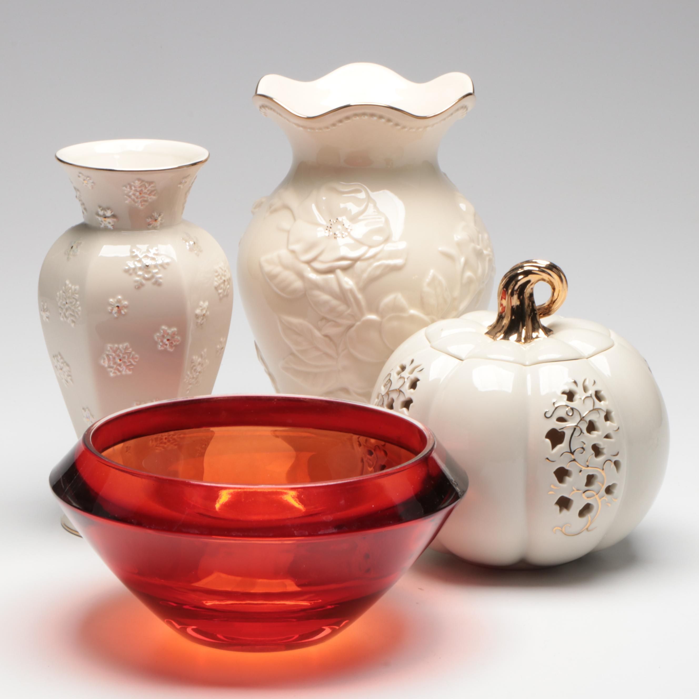 Lenox Fine China Vases with Gilt-Decorated Pumpkin Votive and Red Glass Bowl