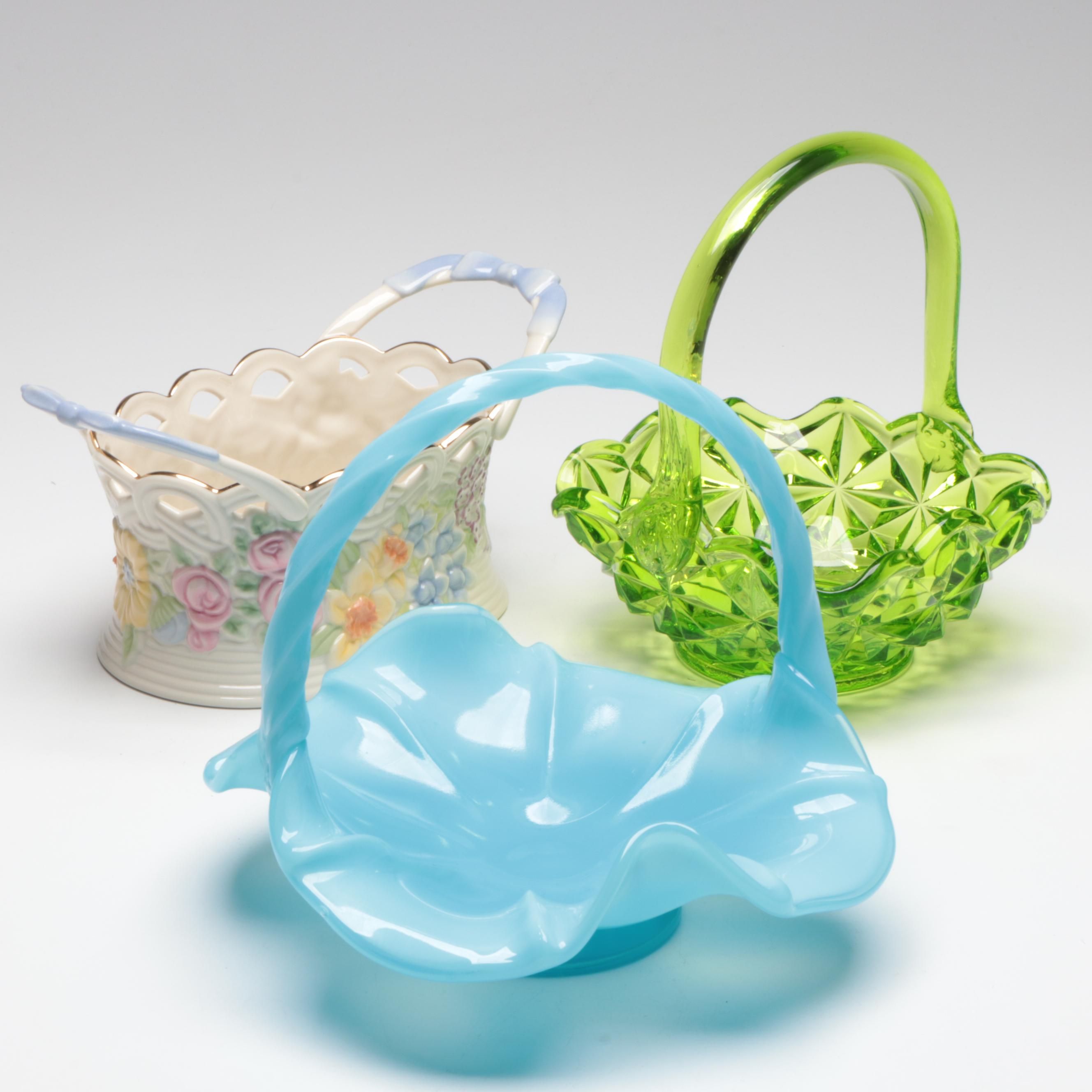 Lenox Porcelain "Flowers of Spring Basket" and Other Glass Basket Vases