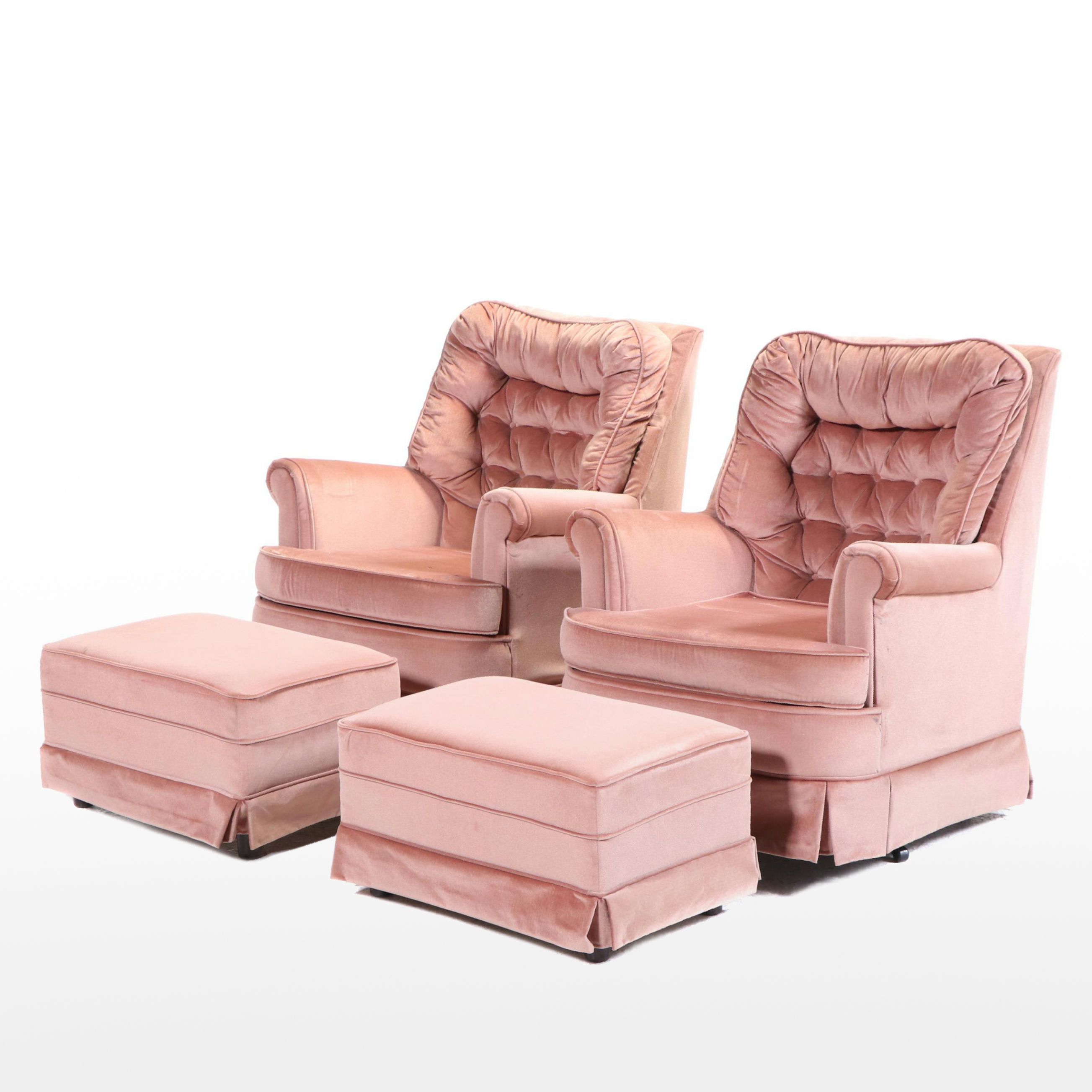 Pair of Les Brown Chair Co. Buttoned-Down Dusty Rose Swivel-Rockers and Ottomans