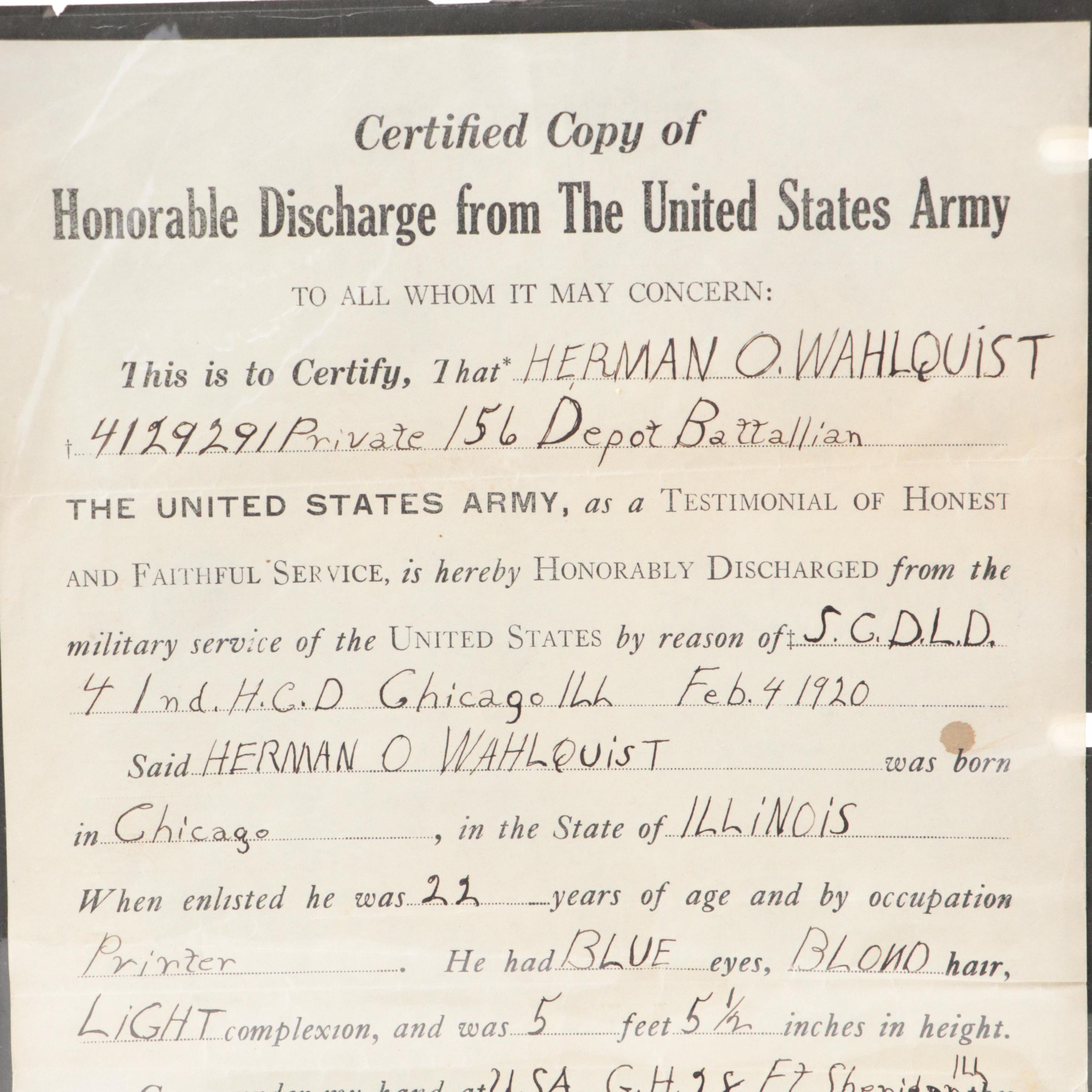 U. S. Army Honorable Discharge Certificate, 1920