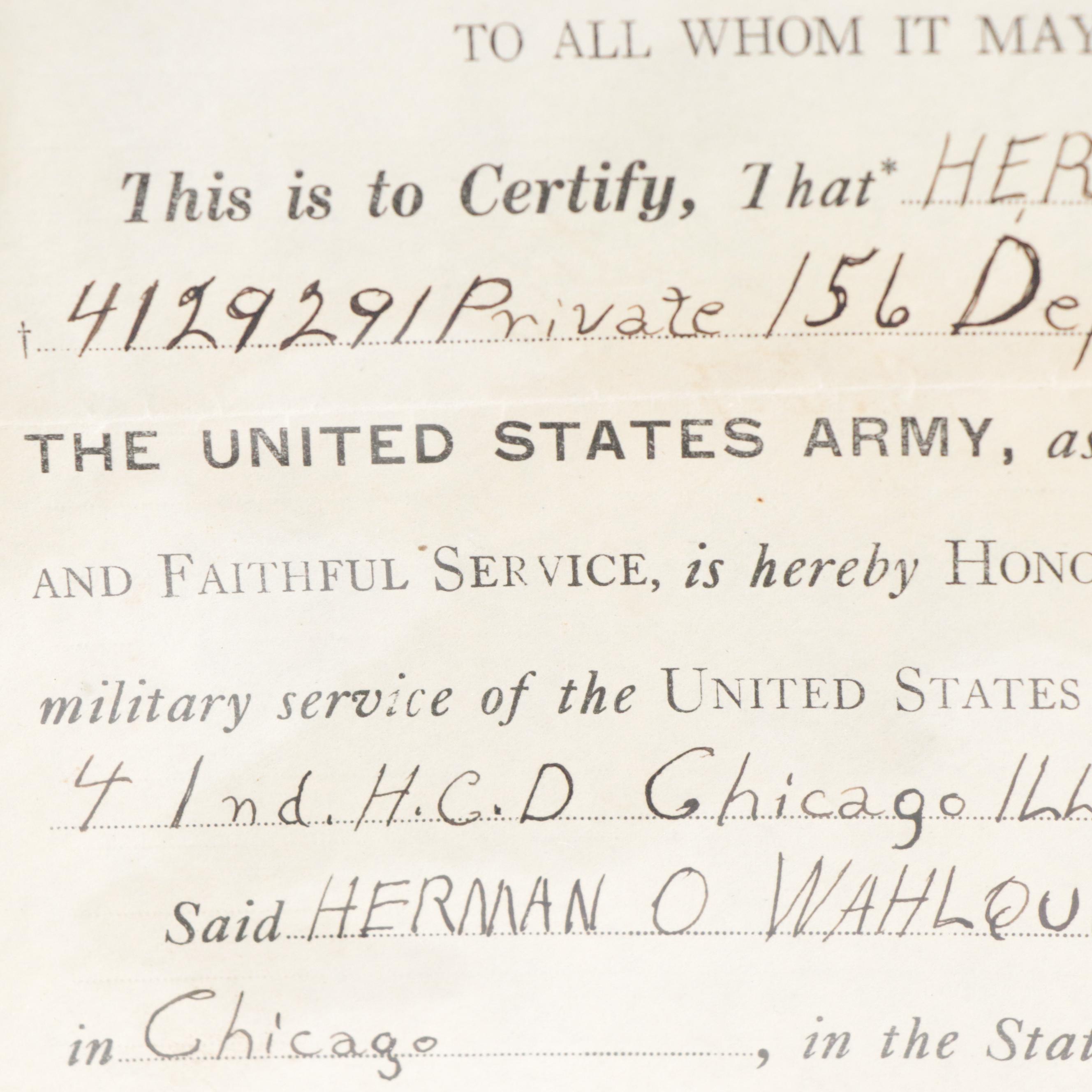 U. S. Army Honorable Discharge Certificate, 1920