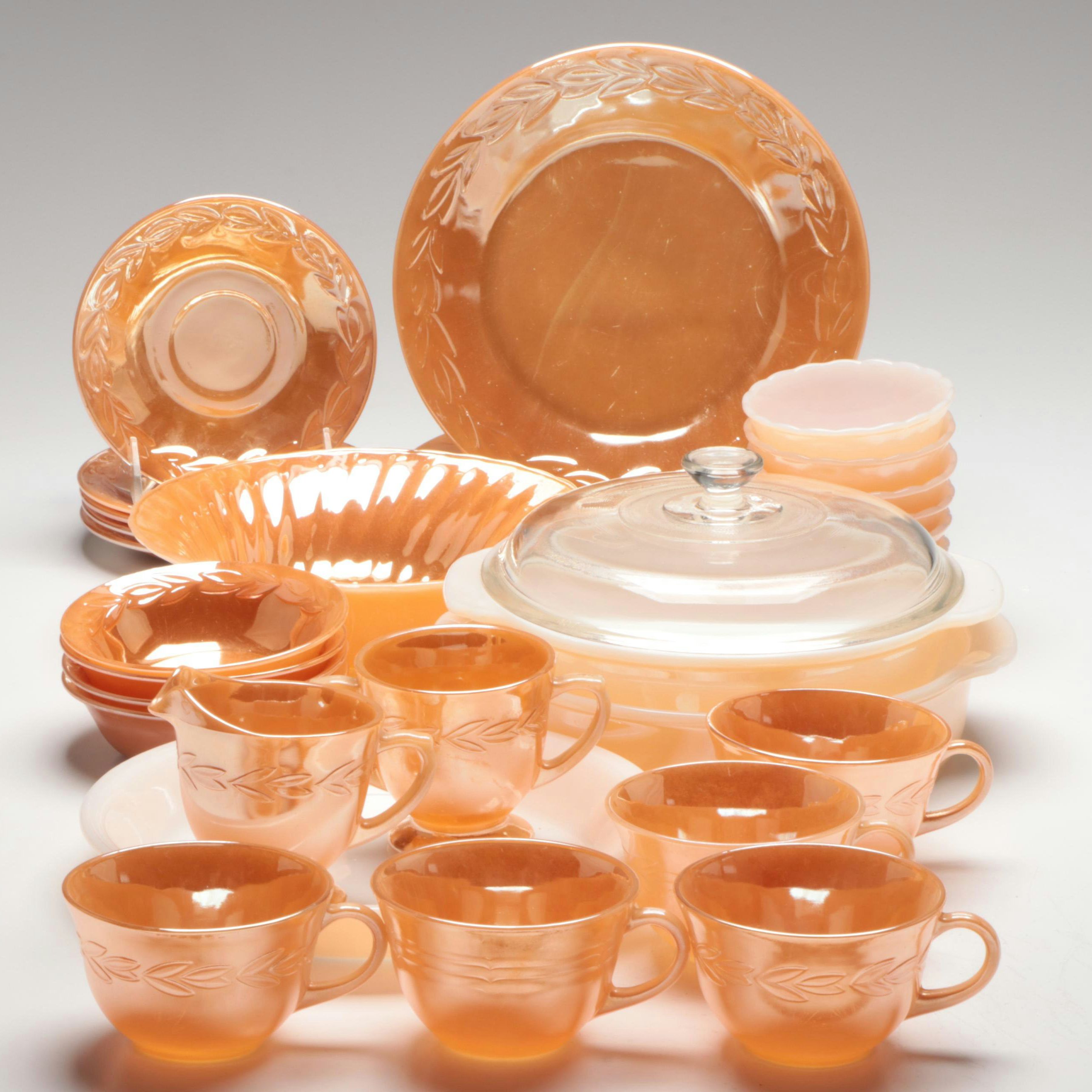Anchor Hocking "Peach Lustre Laurel" Fire-King Glass Dinnerware with More Décor
