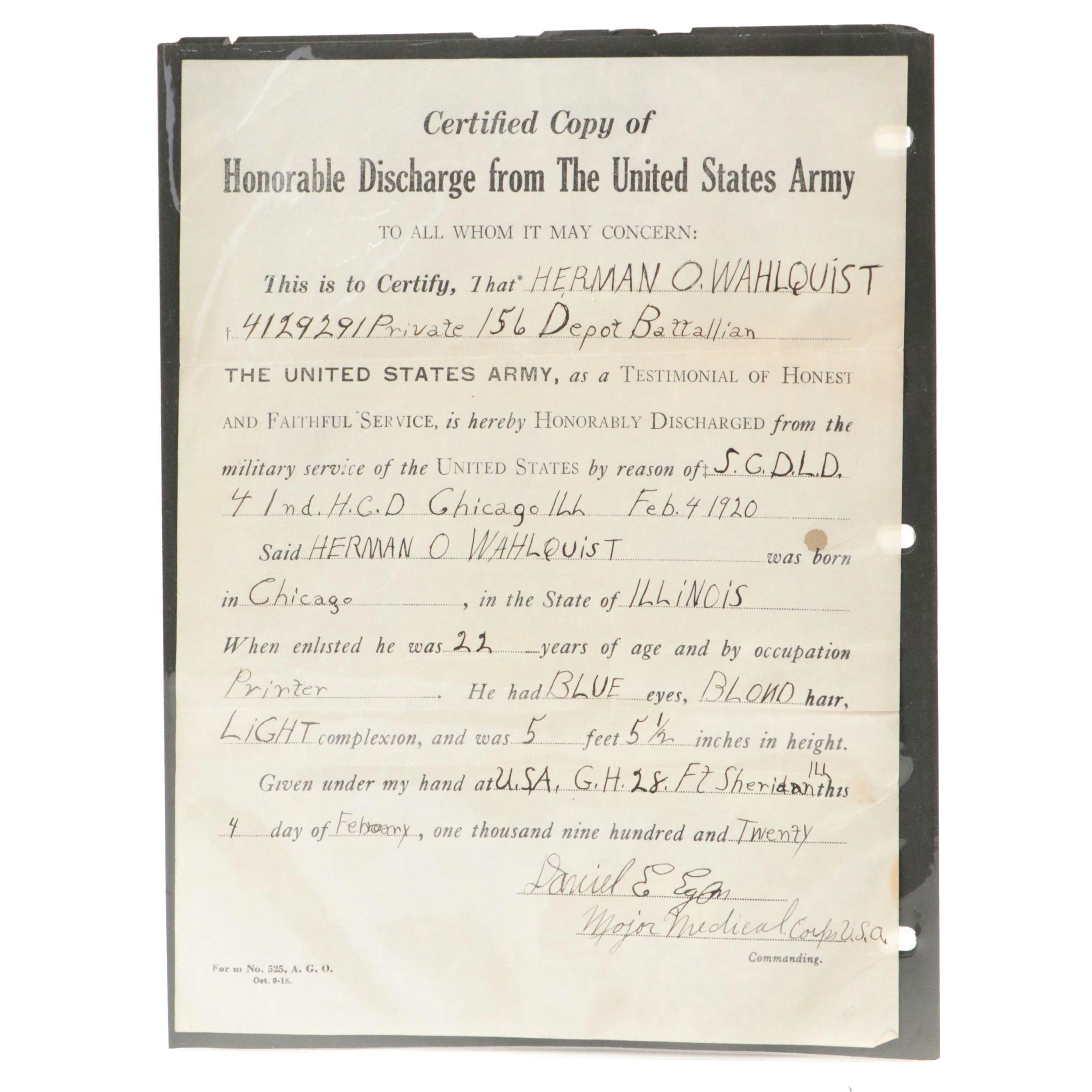 U. S. Army Honorable Discharge Certificate, 1920