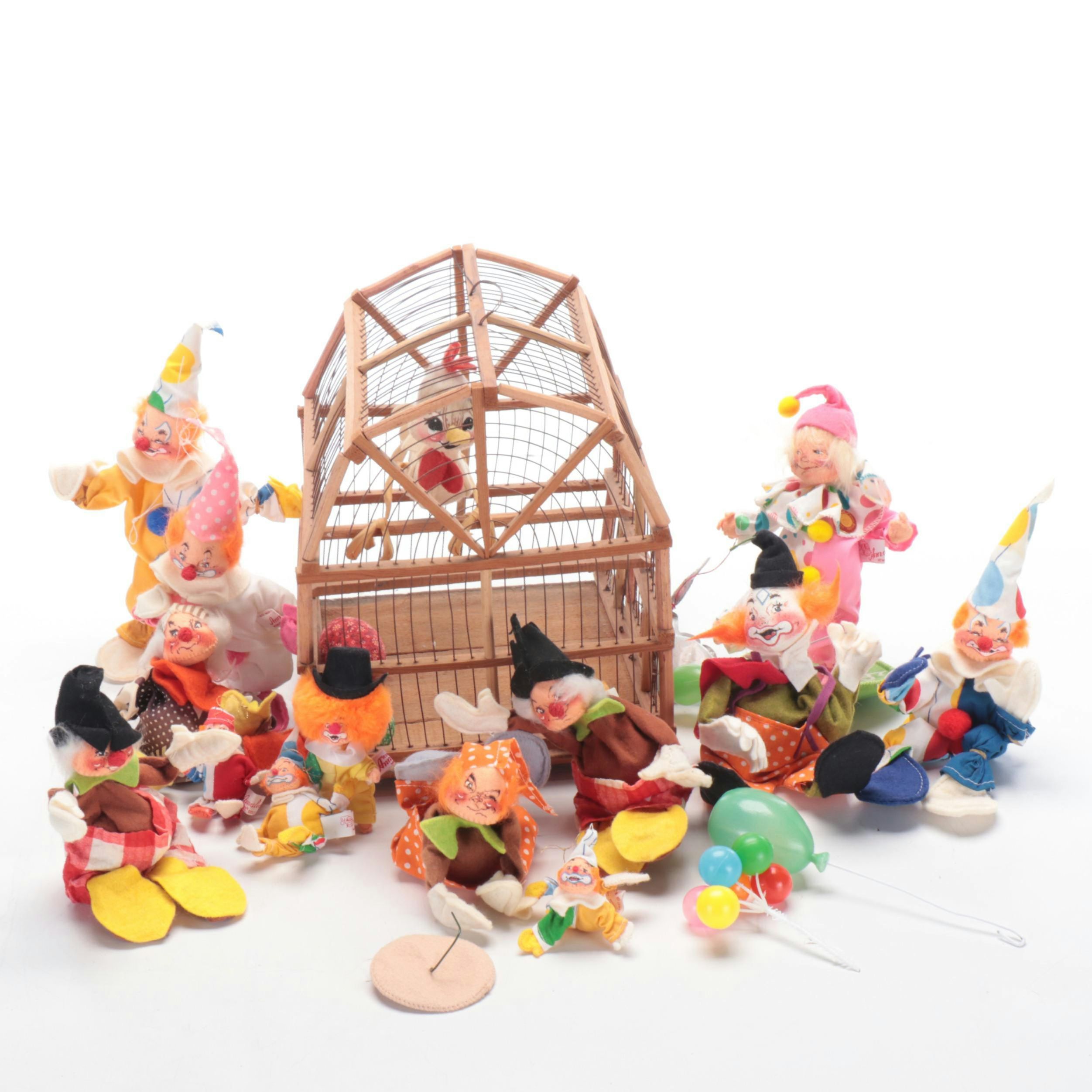 Annalee Fabric Clown Dolls and Bird Plush Toy in Cage