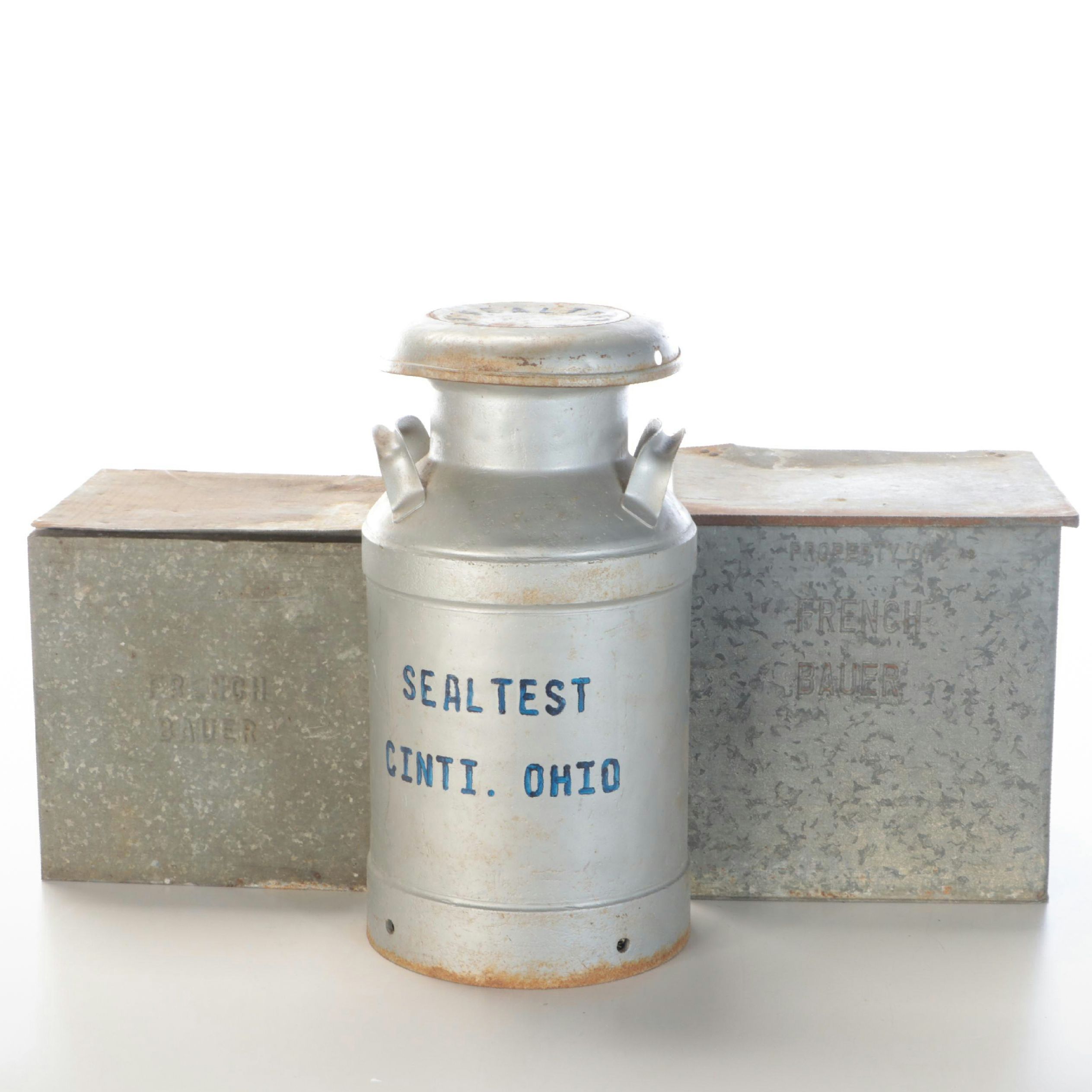 French Bauer Dairy Galvanized Metal Insulated Porch Box and Metal Milk Can