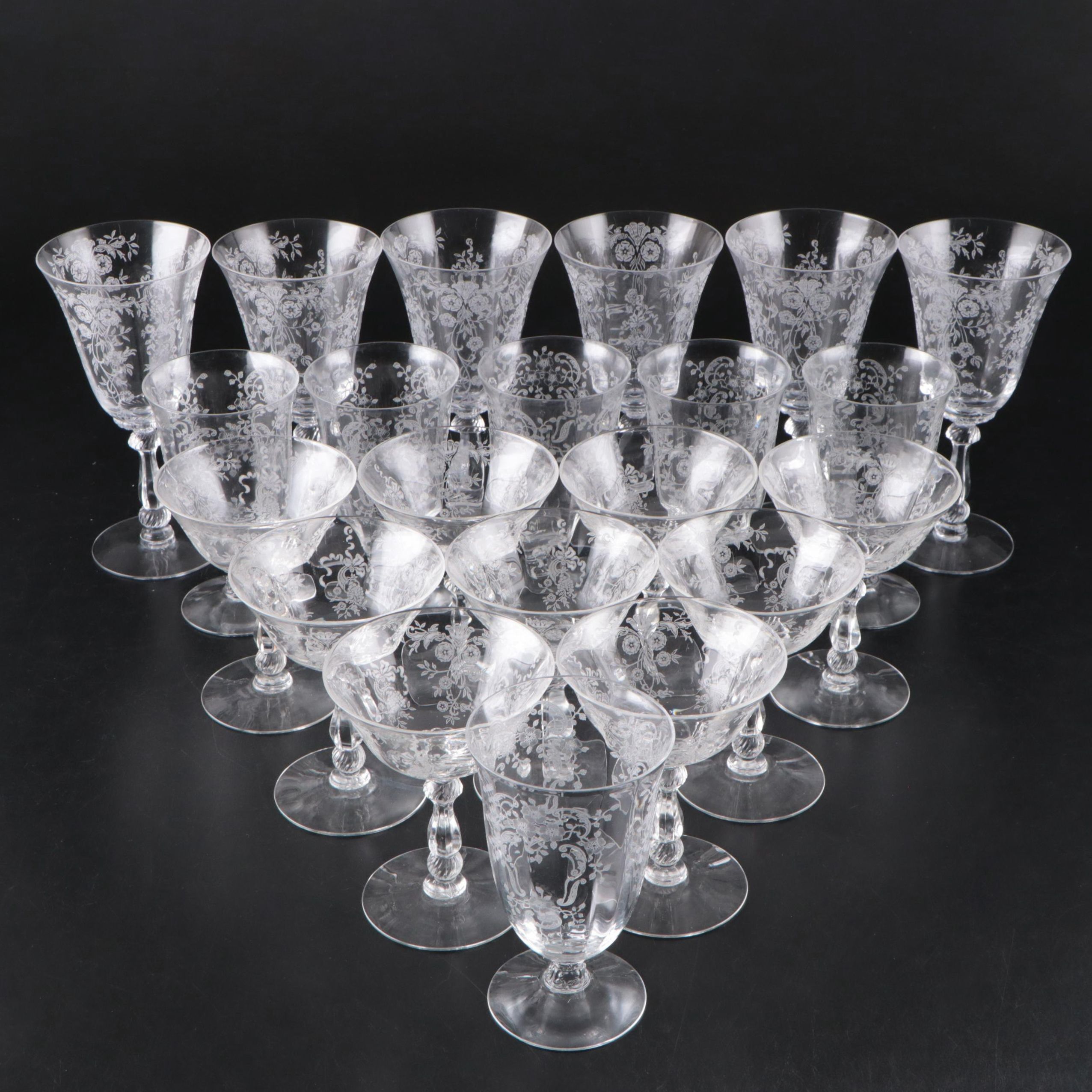 Art Deco Style Glass Needle Etched Stemware, Early to Mid-20th Century