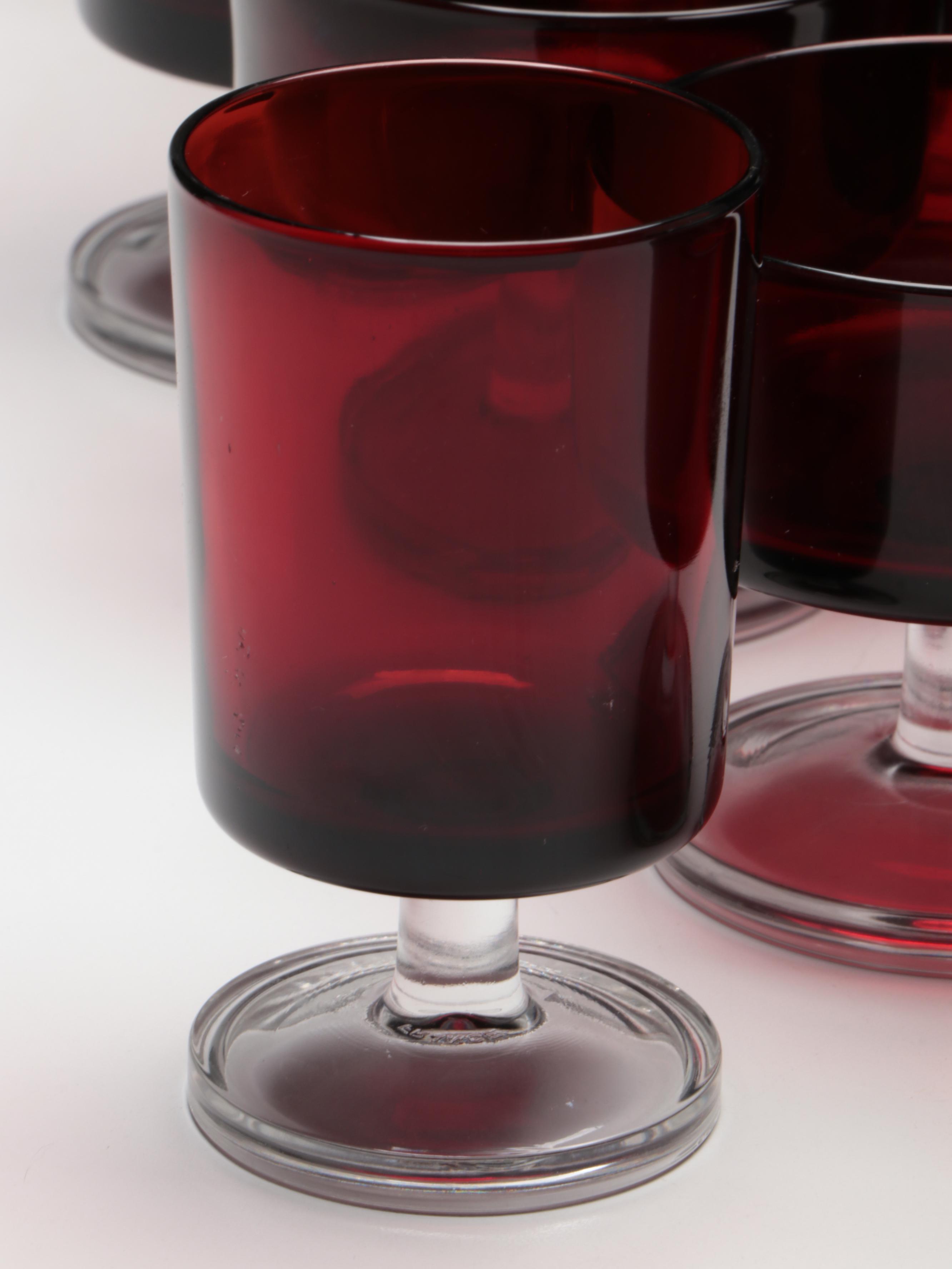 Mid Century Modern Style Ruby and Clear Stem Stemware