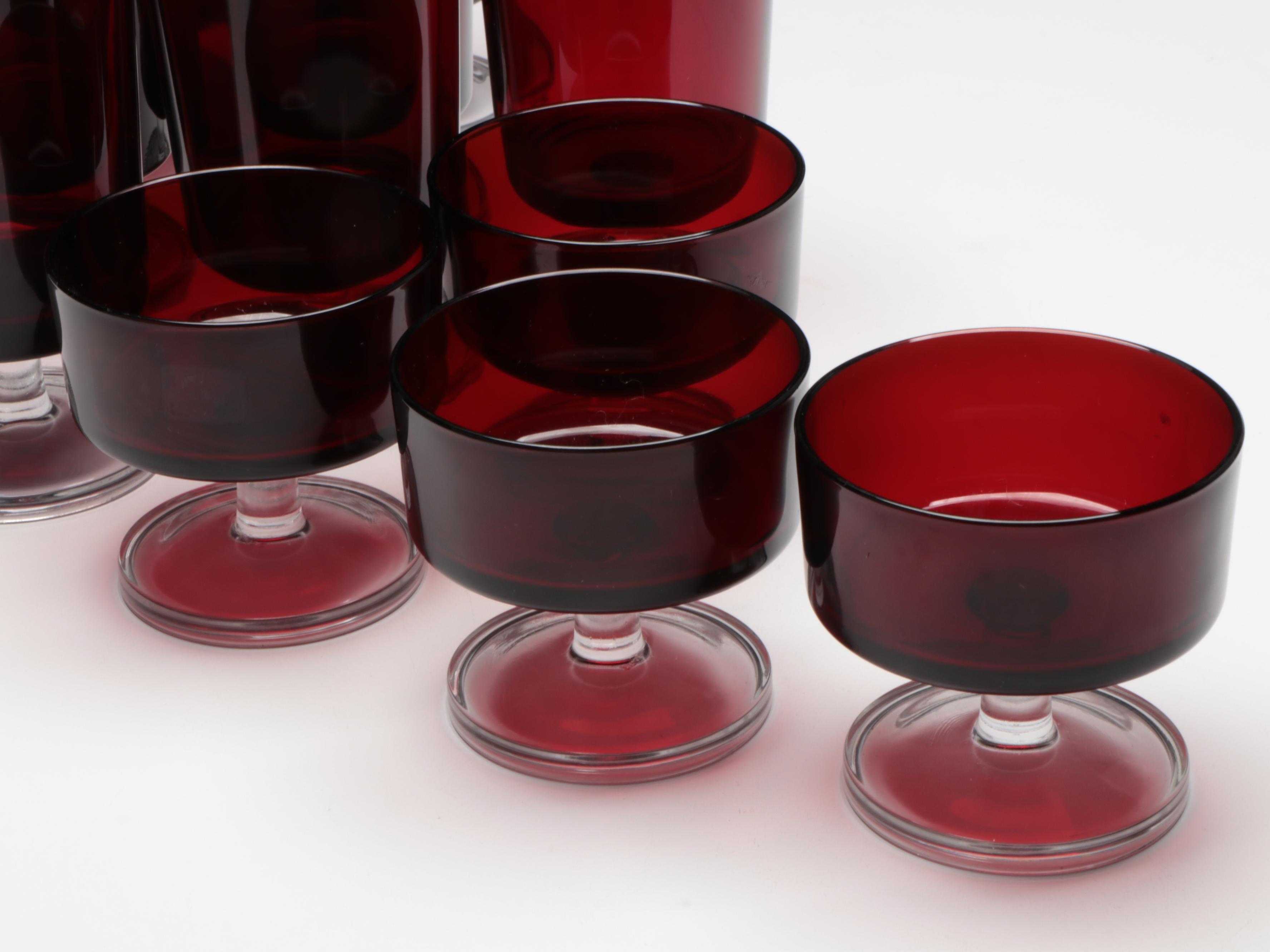 Mid Century Modern Style Ruby and Clear Stem Stemware