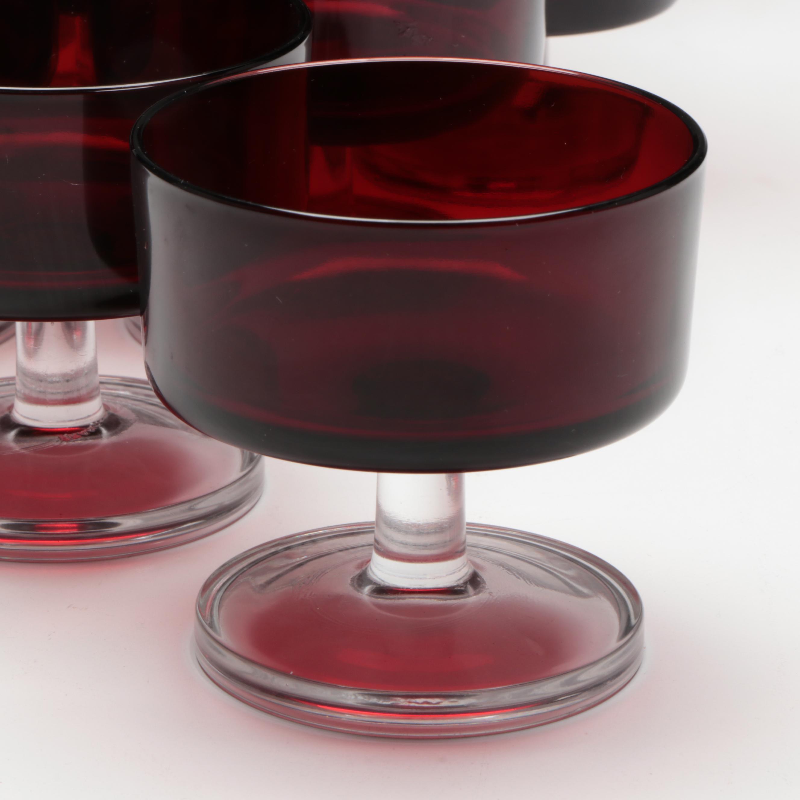 Mid Century Modern Style Ruby and Clear Stem Stemware