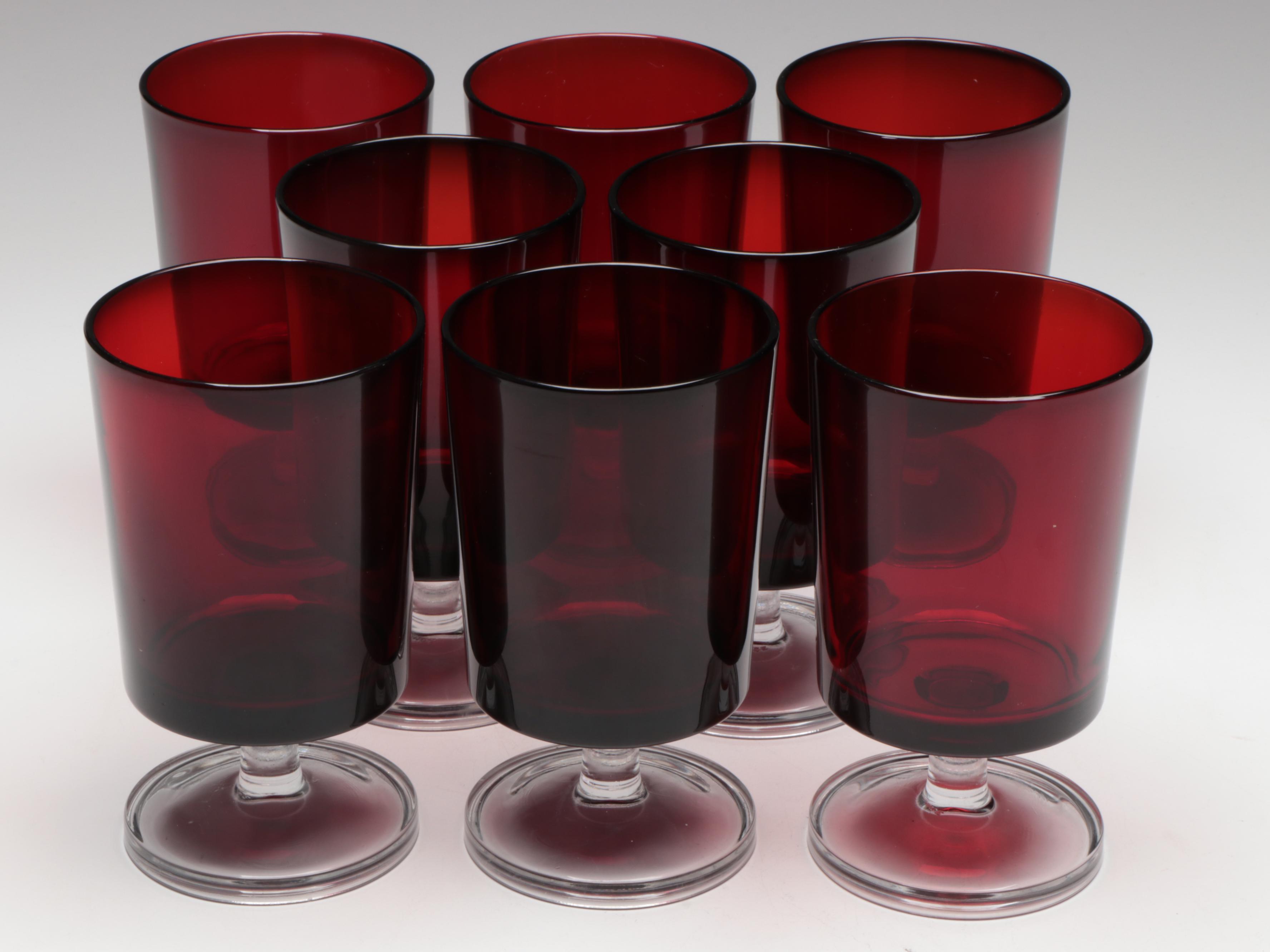 Mid Century Modern Style Ruby and Clear Stem Stemware