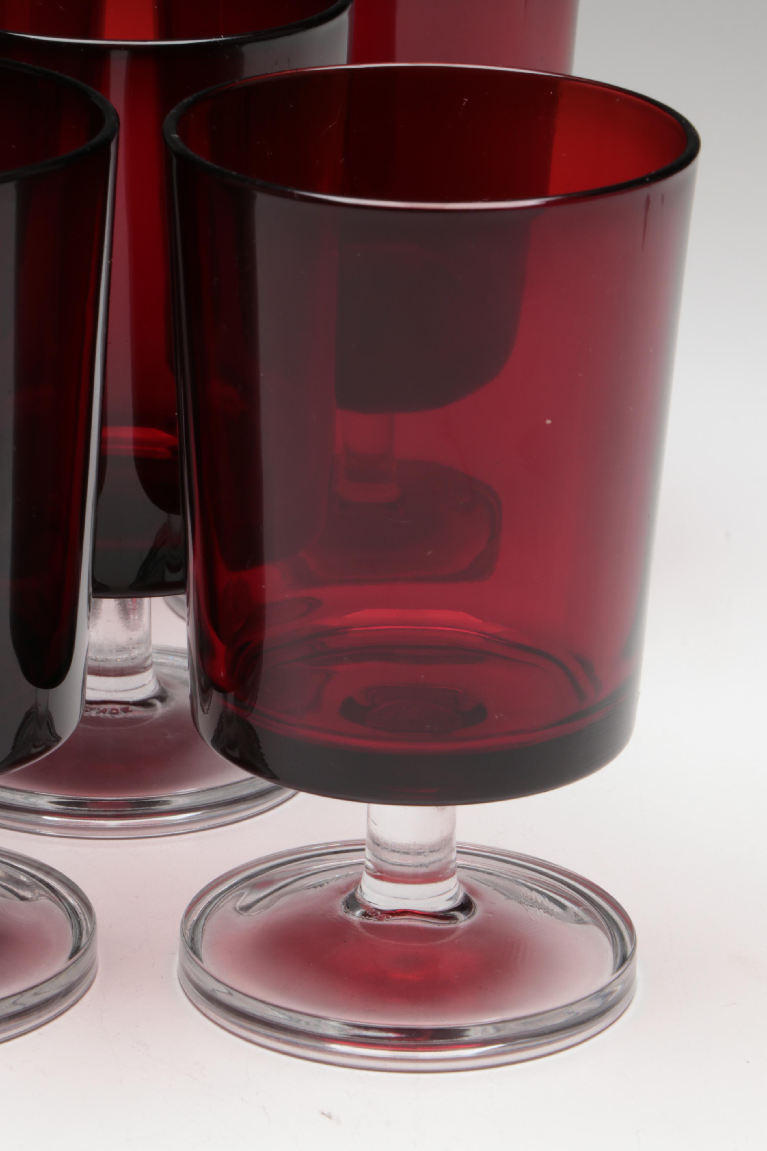 Mid Century Modern Style Ruby and Clear Stem Stemware