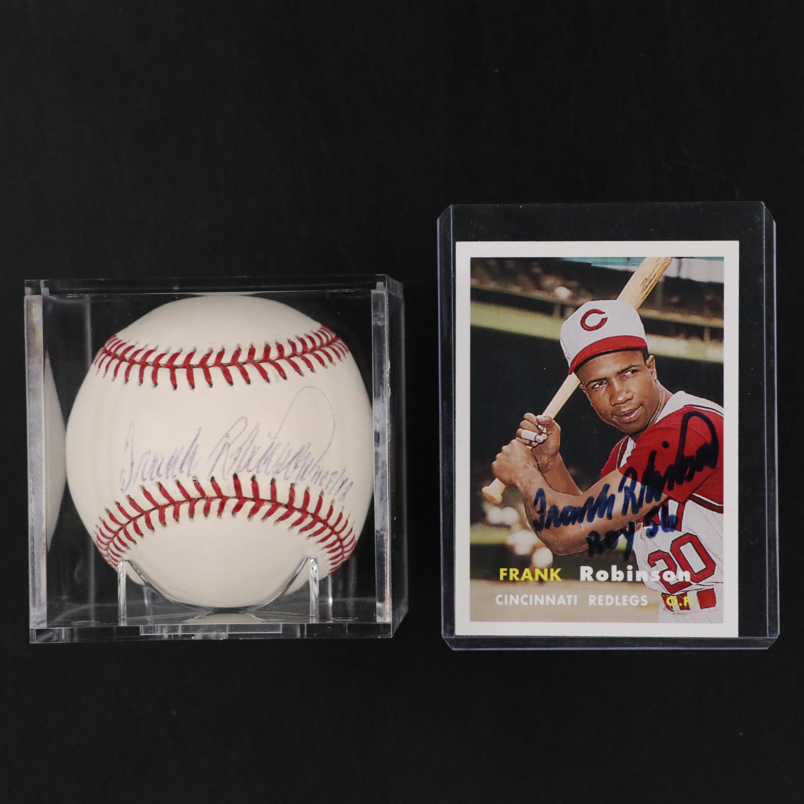 Frank Robinson Signed Rawlings Official MLB Baseball and Cincinnati Reds Card