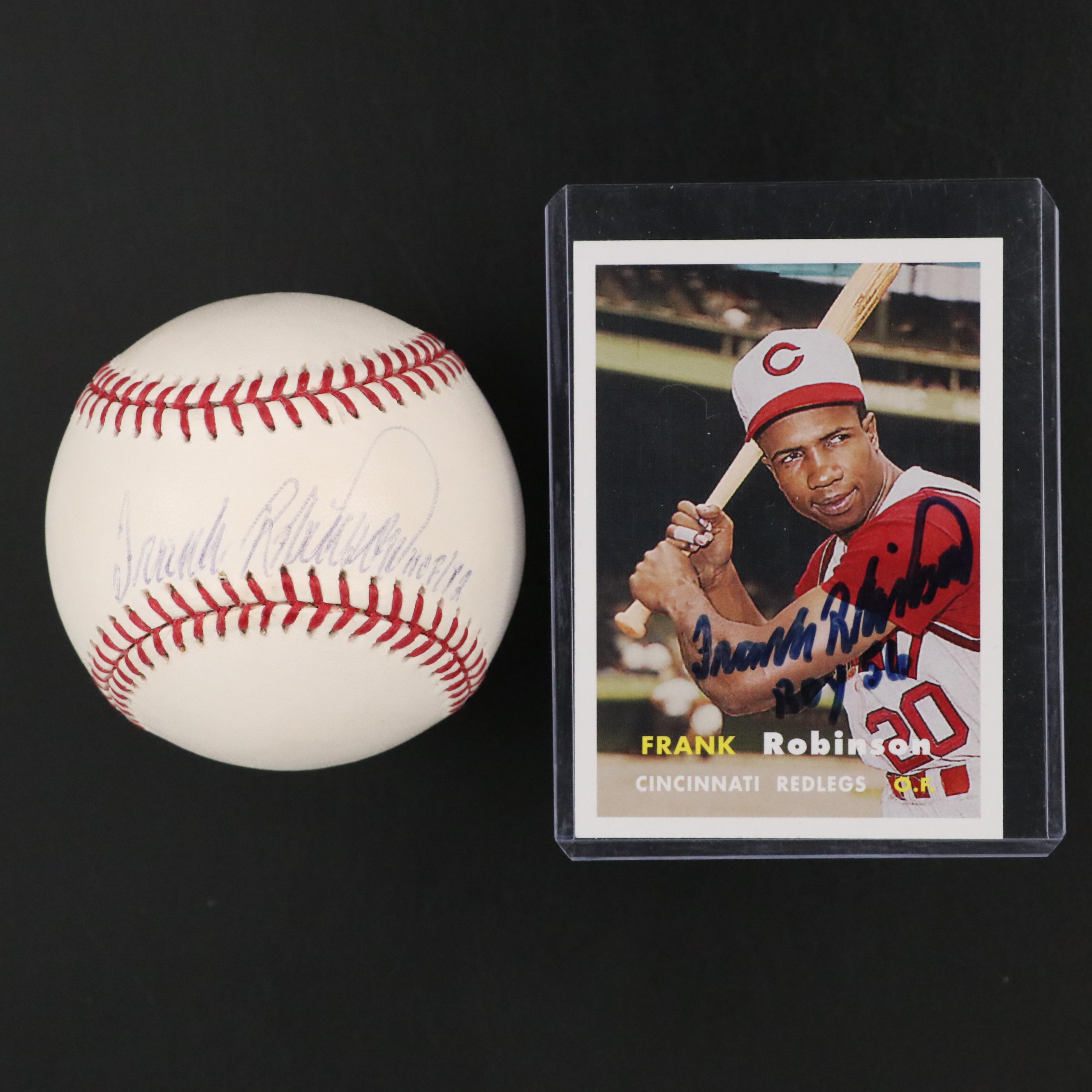 Frank Robinson Signed Rawlings Official MLB Baseball and Cincinnati Reds Card