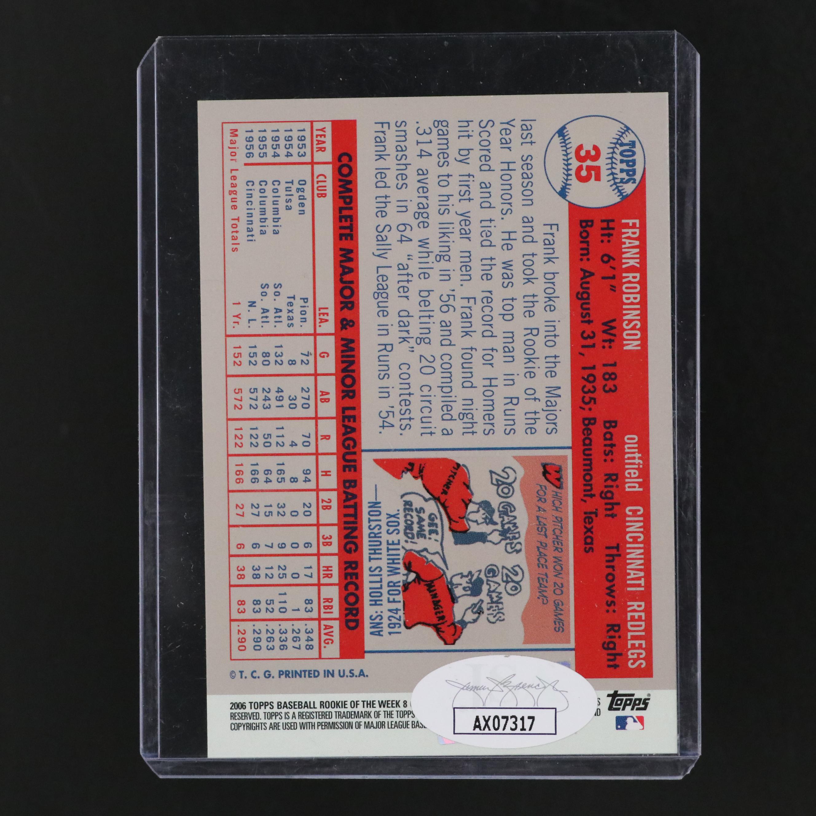 Frank Robinson Signed Rawlings Official MLB Baseball and Cincinnati Reds Card