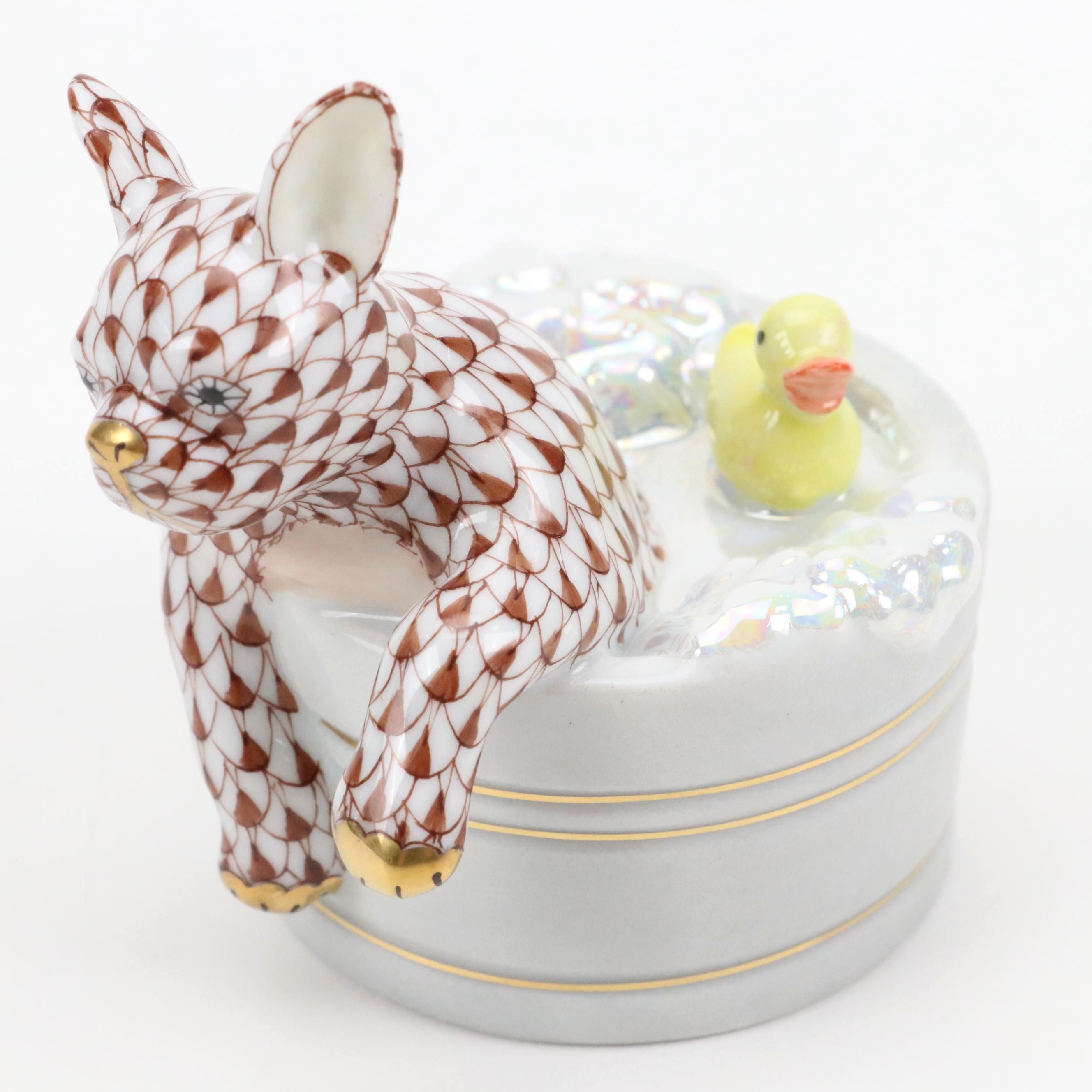 Herend Chocolate Fishnet with Gold "Squeaky Clean" Porcelain Figurine