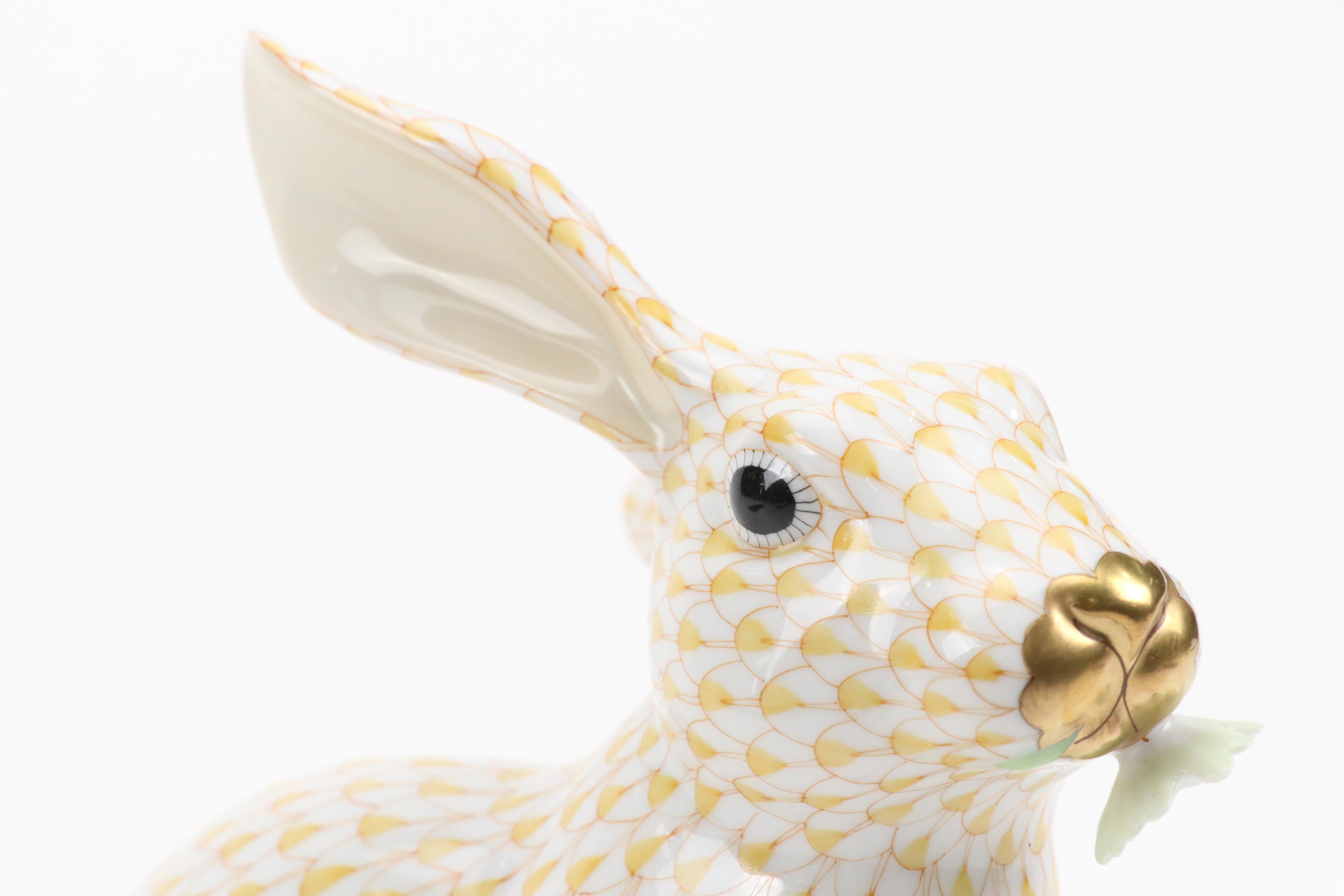 Herend Butterscotch with Gold "Bunny With Daisy" Porcelain Rabbit