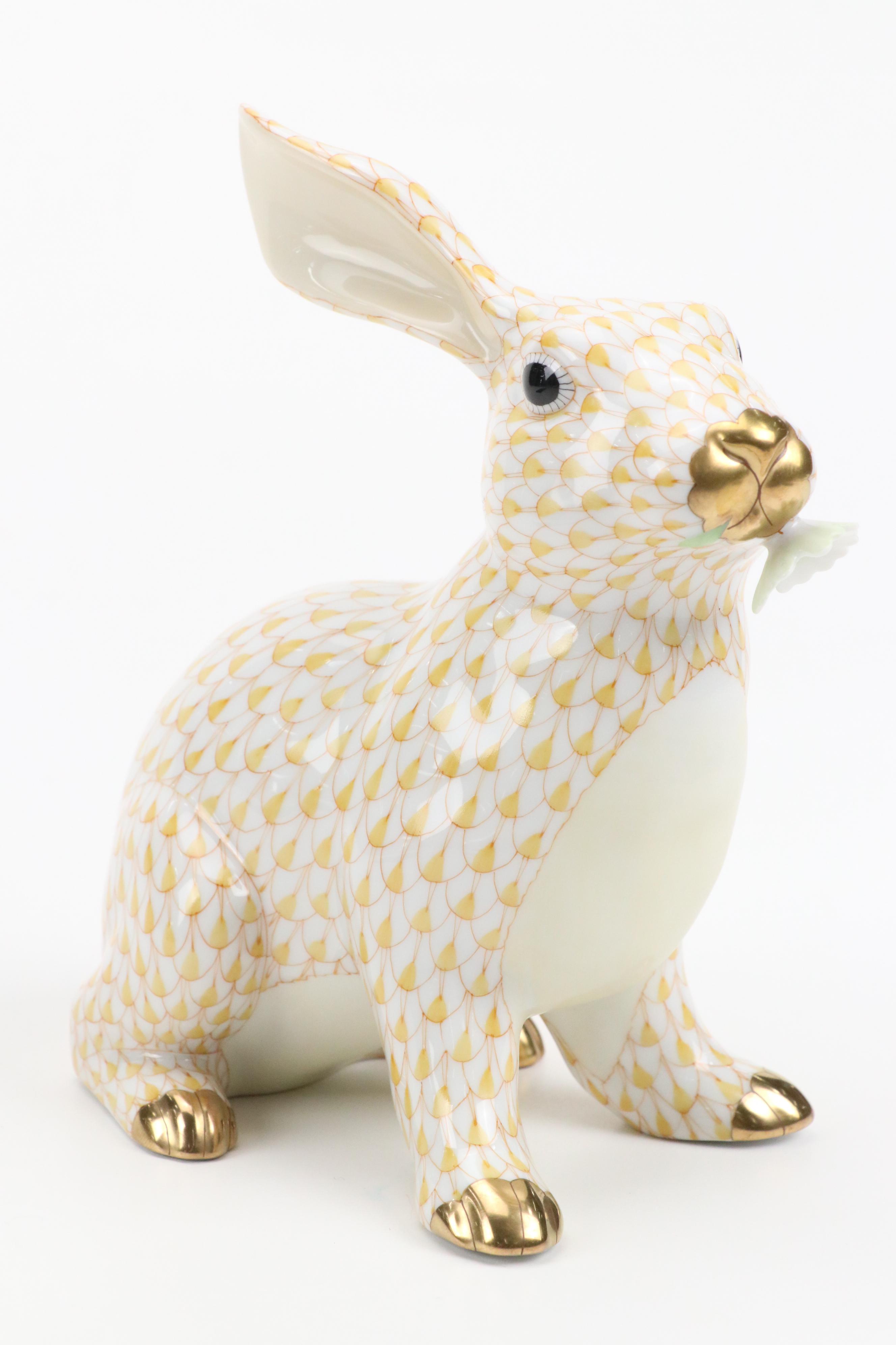 Herend Butterscotch with Gold "Bunny With Daisy" Porcelain Rabbit