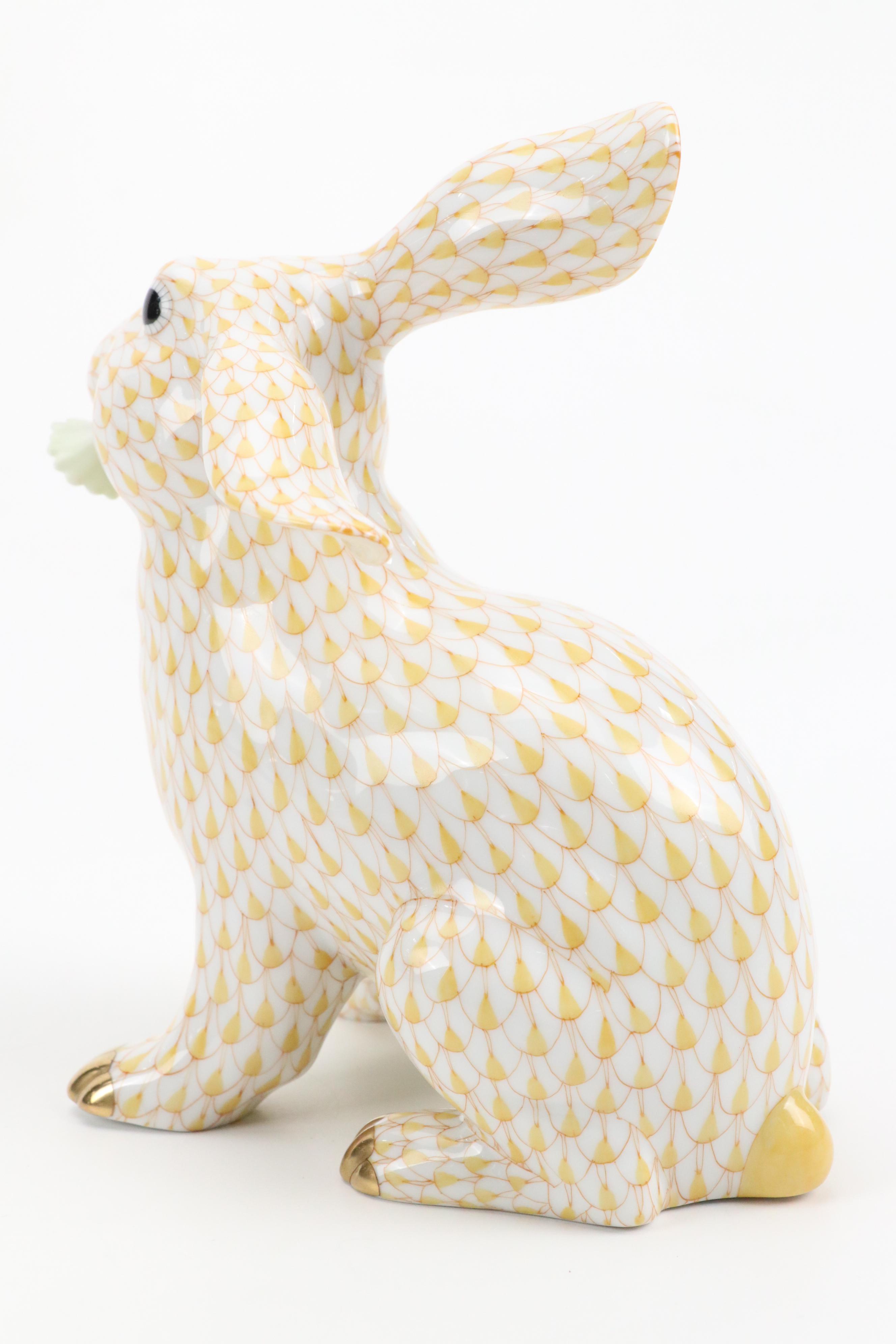 Herend Butterscotch with Gold "Bunny With Daisy" Porcelain Rabbit