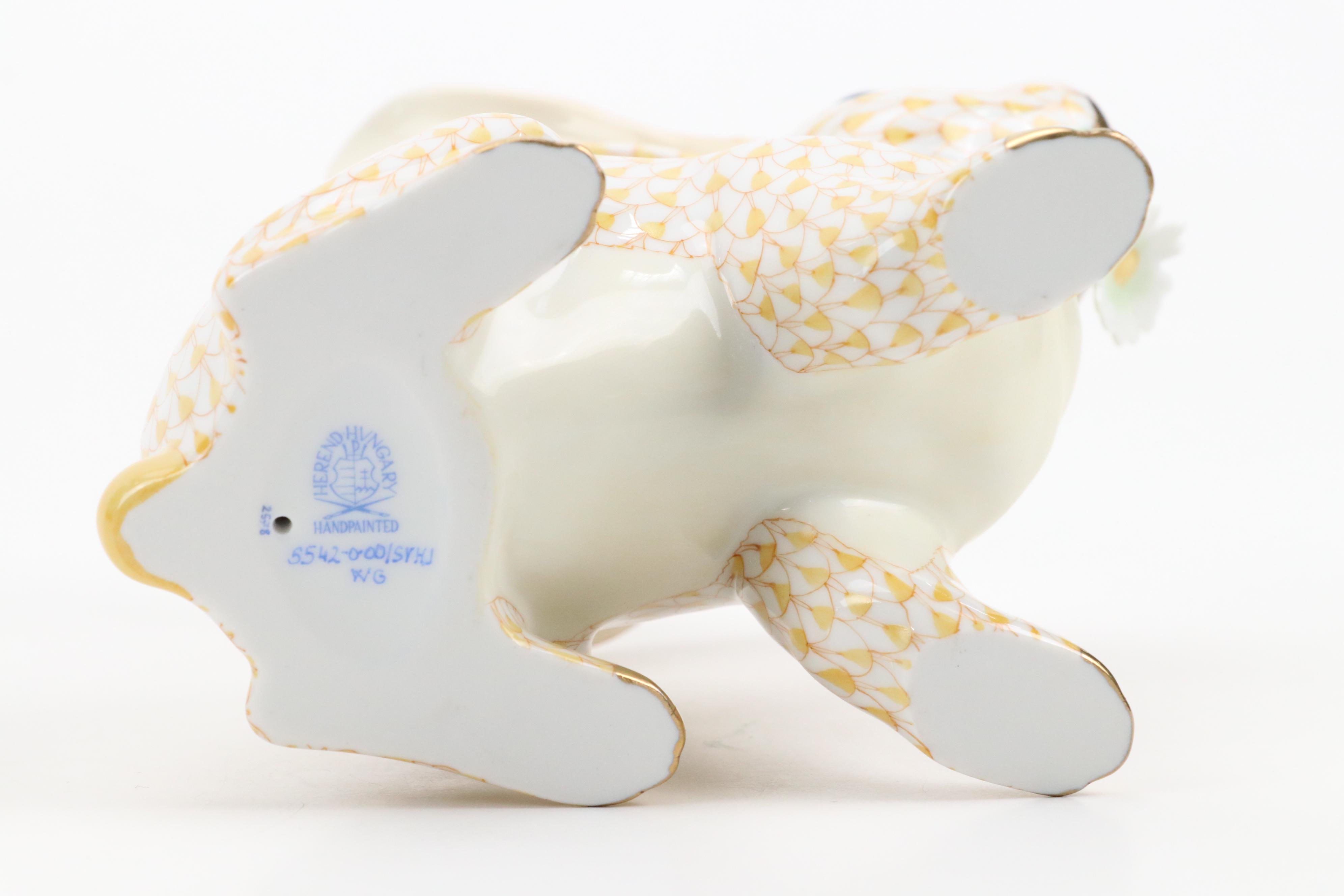 Herend Butterscotch with Gold "Bunny With Daisy" Porcelain Rabbit