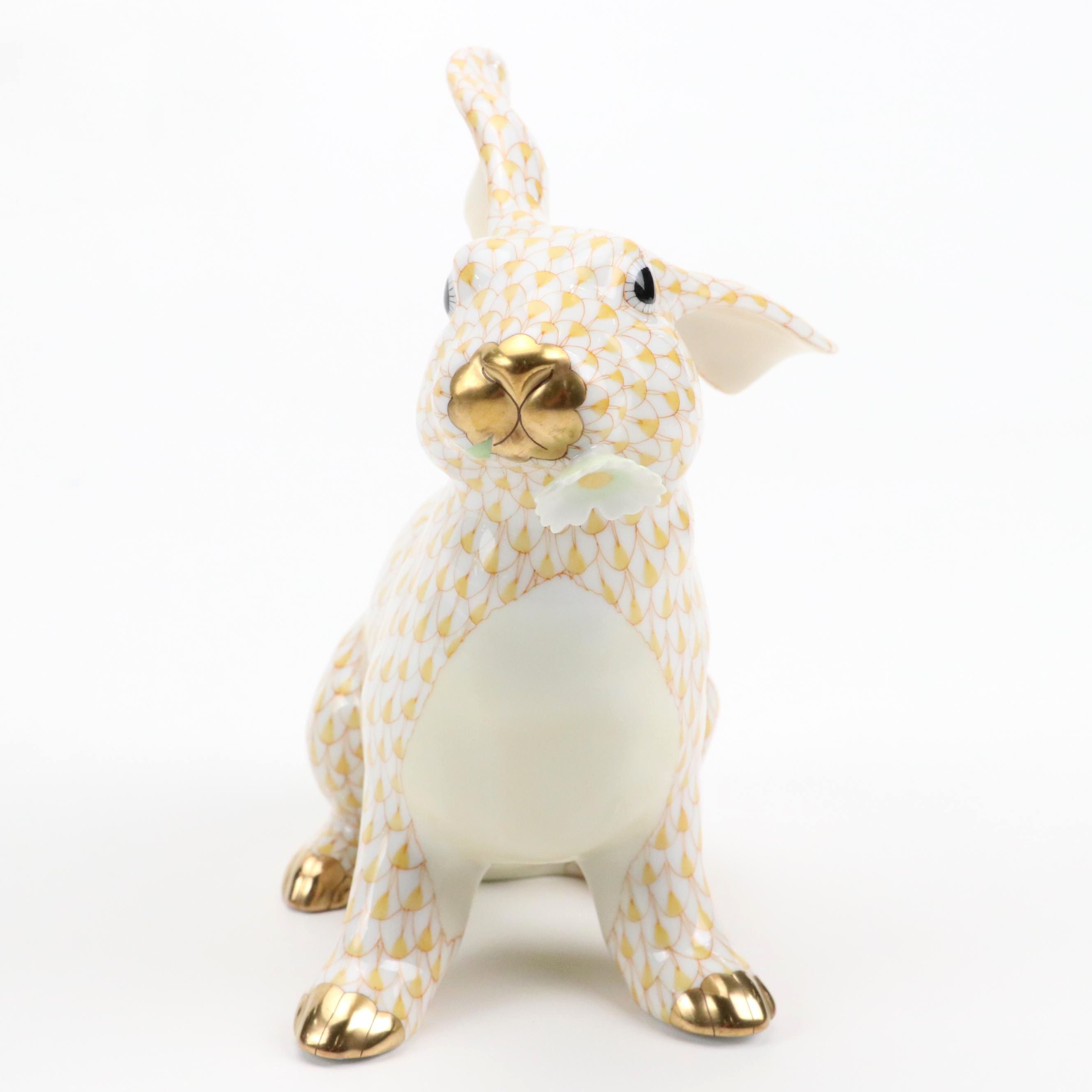 Herend Butterscotch with Gold "Bunny With Daisy" Porcelain Rabbit