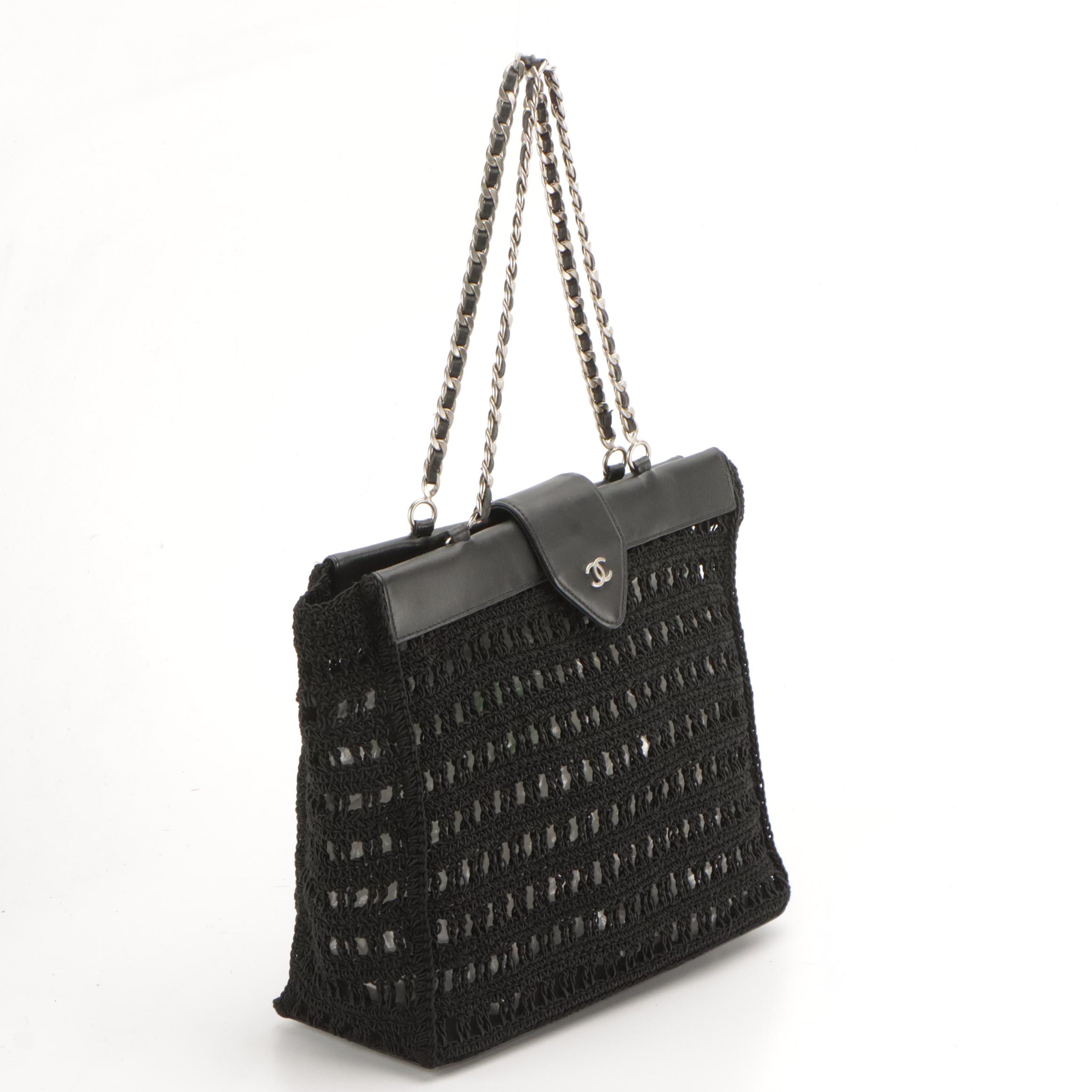 Chanel CC Crochet Shoulder Tote with Chain Straps and Lambskin Leather Trim