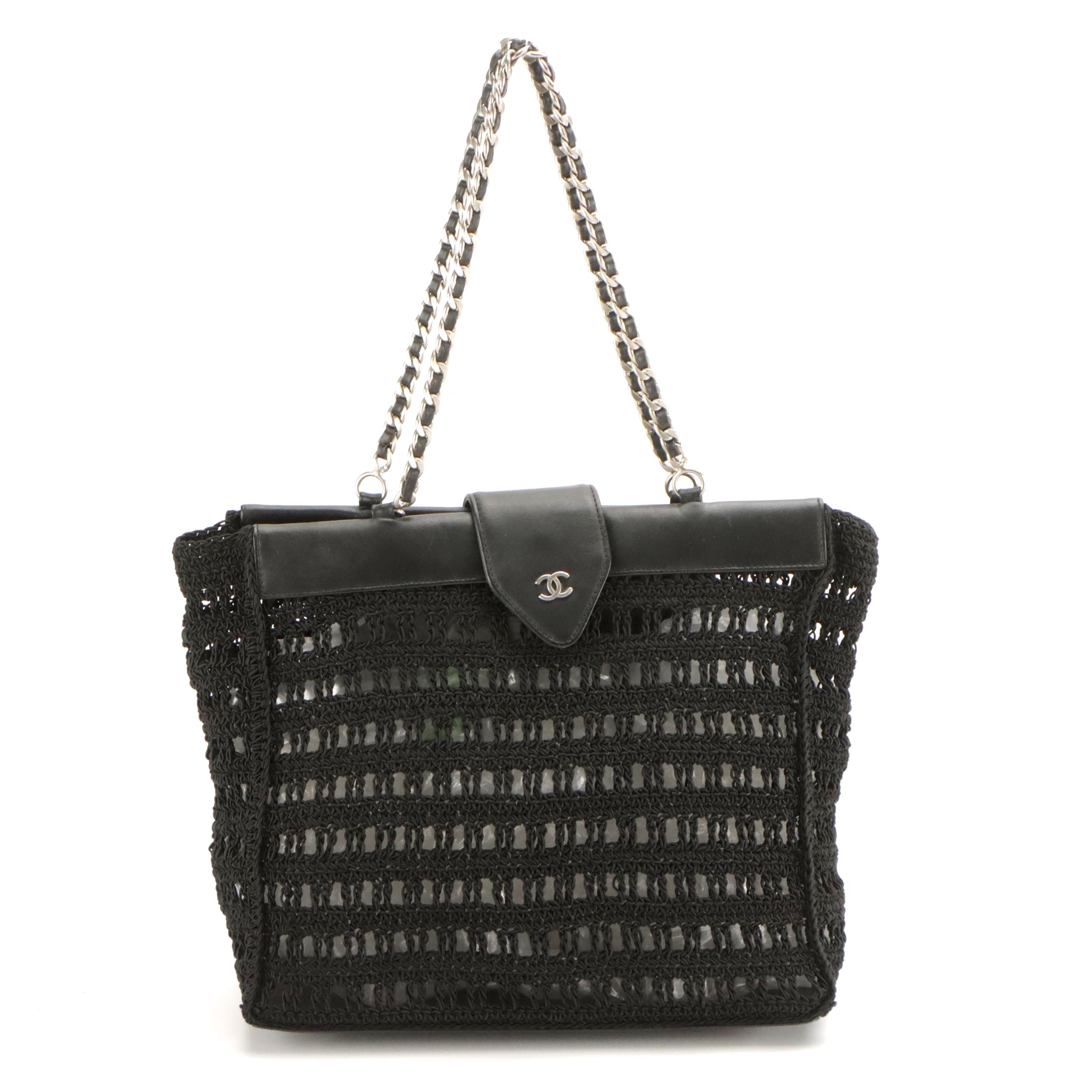 Chanel CC Crochet Shoulder Tote with Chain Straps and Lambskin Leather Trim
