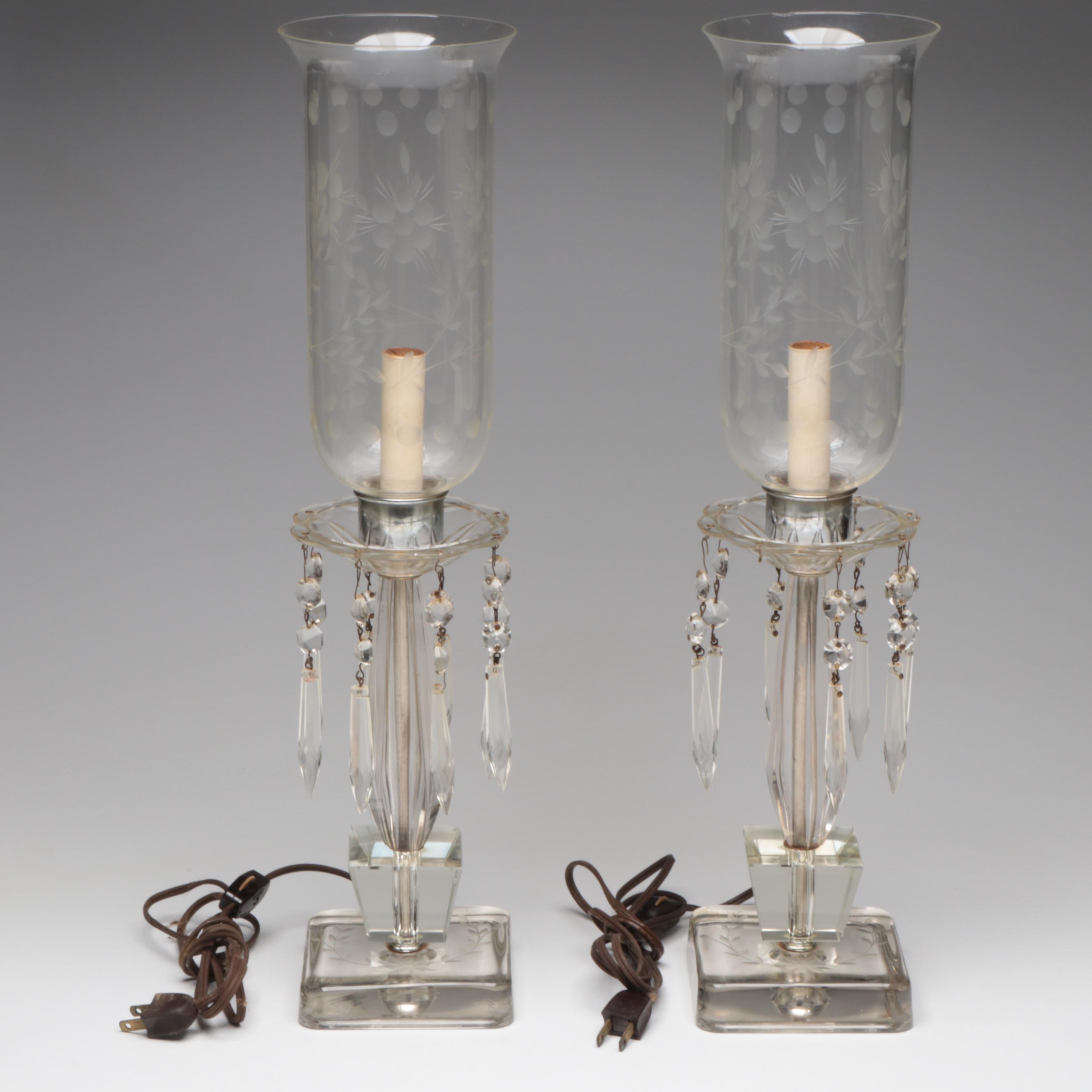 Wheel Etched Glass Electric Hurricane Lamp Pair with Shades