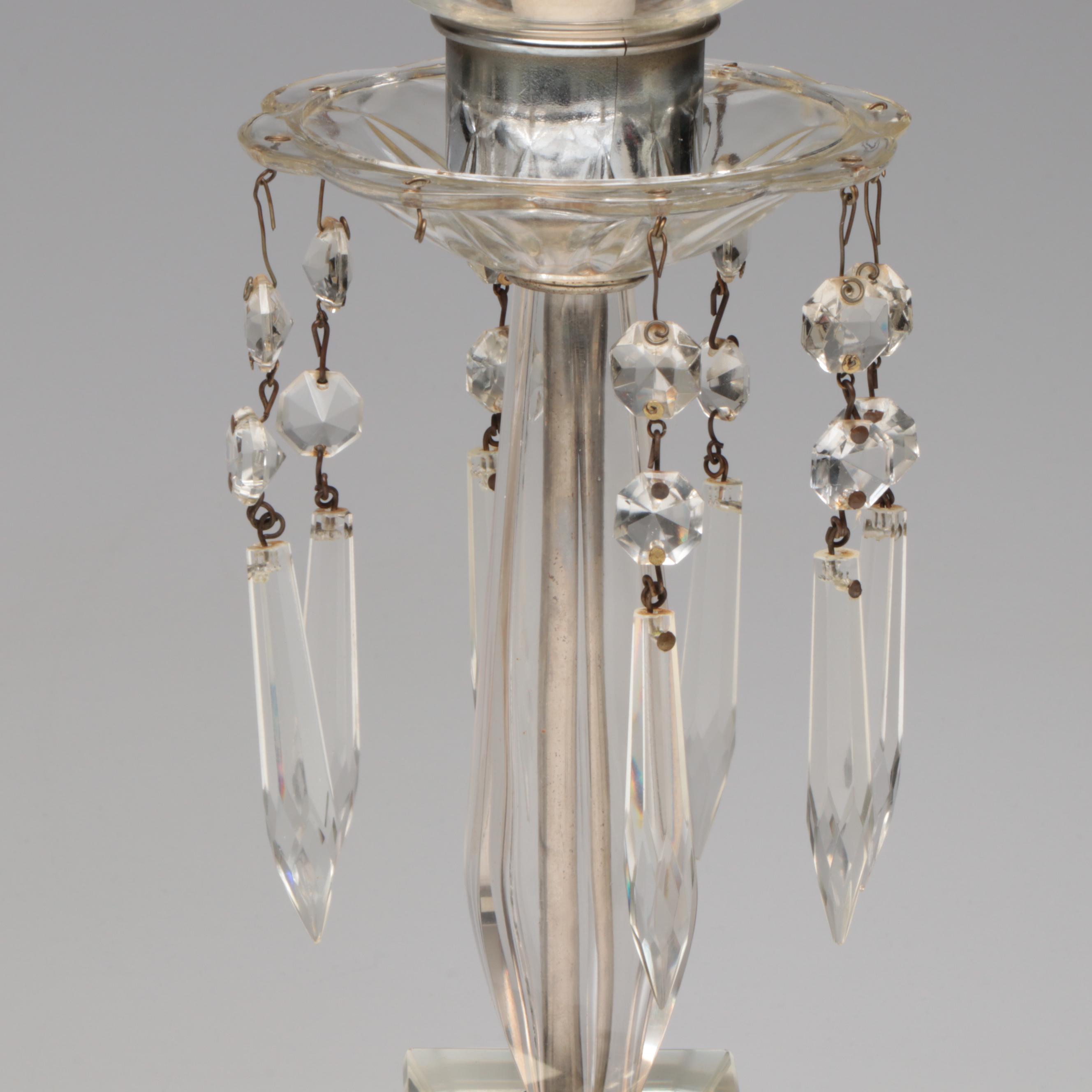 Wheel Etched Glass Electric Hurricane Lamp Pair with Shades