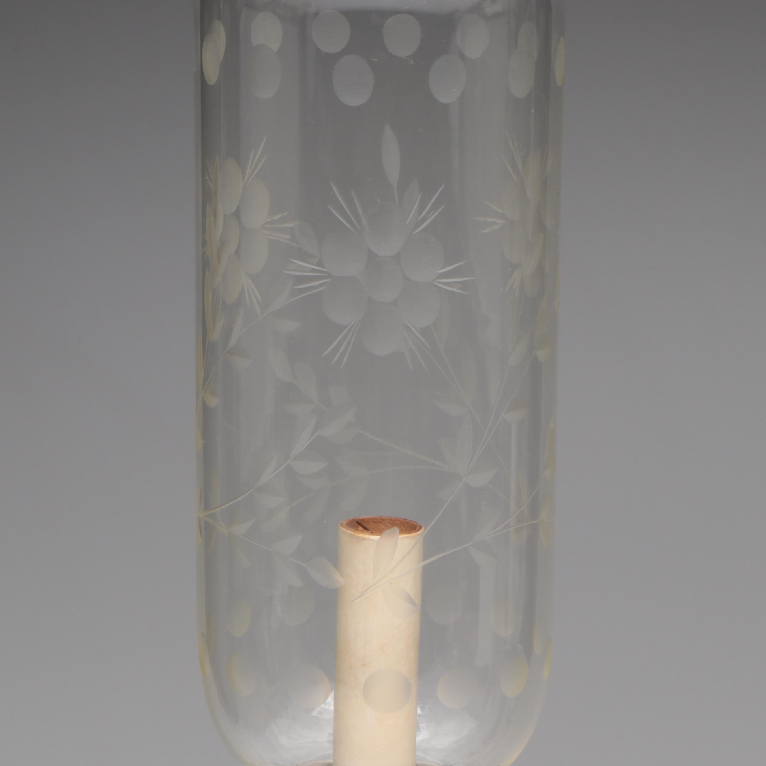 Wheel Etched Glass Electric Hurricane Lamp Pair with Shades